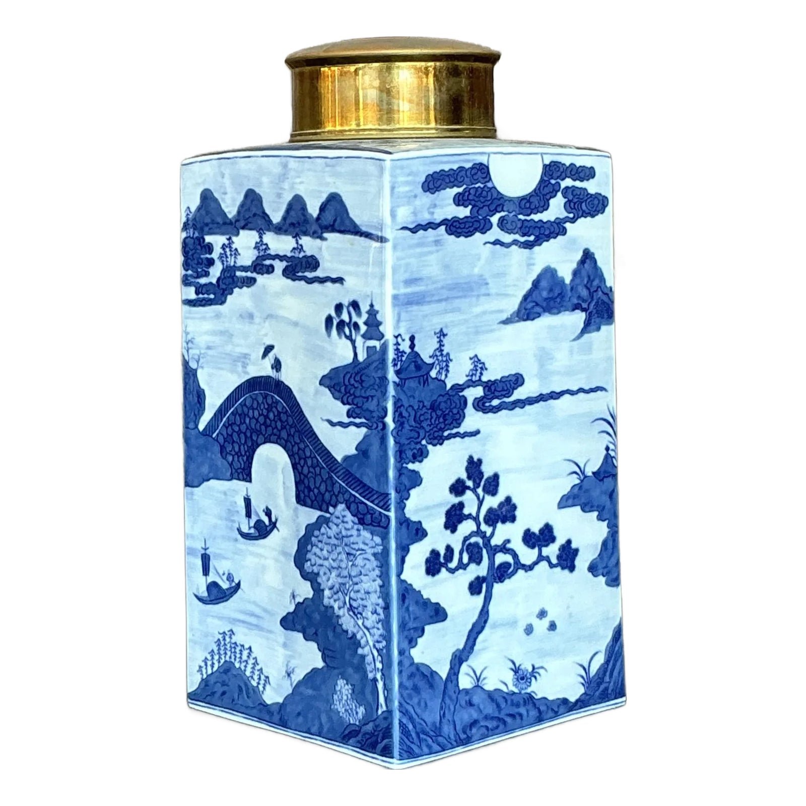 Vintage Asian Blue and White Brass Cap Ginger Jar