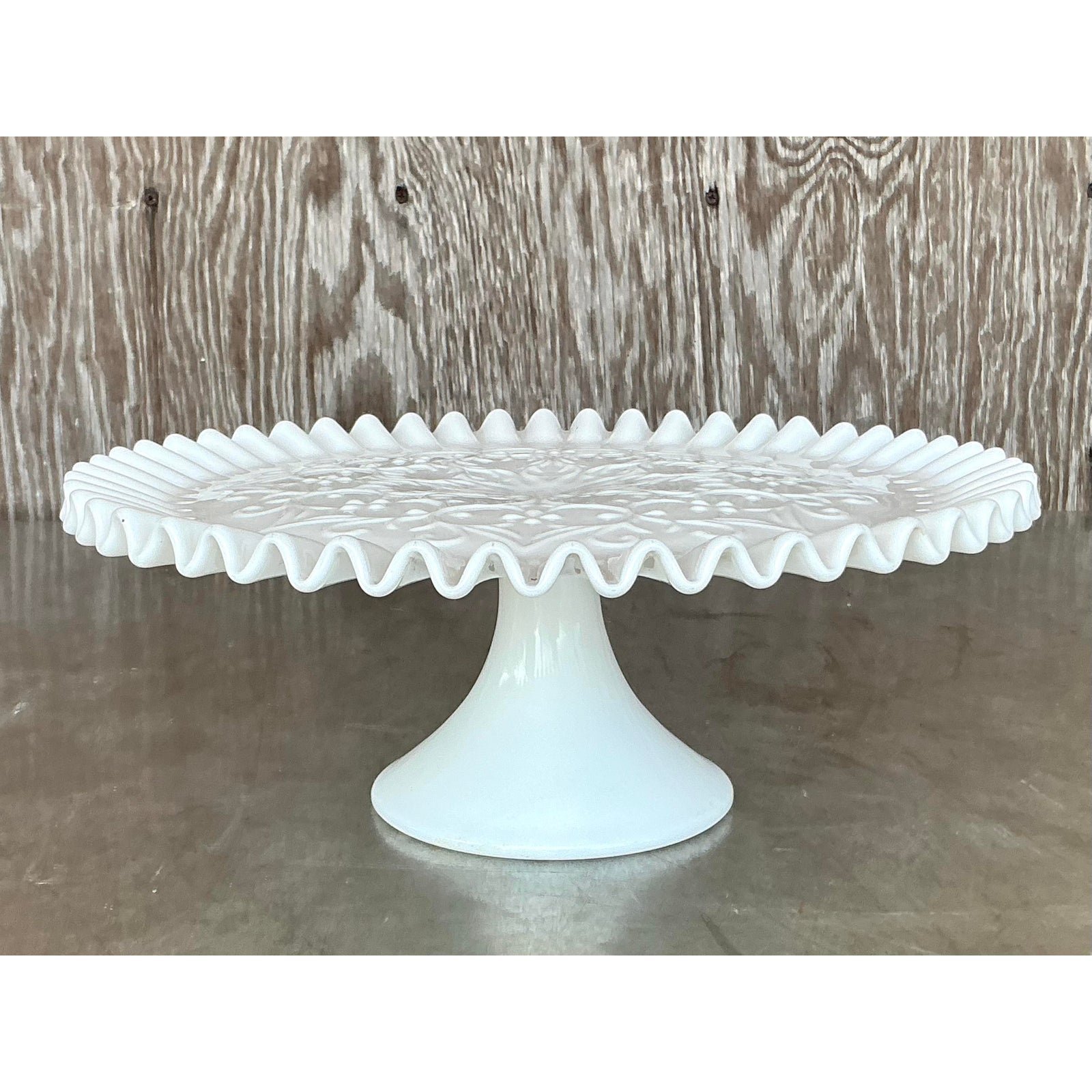 Vintage Regency Ruffled Milk Glass Cake Stand - Back view