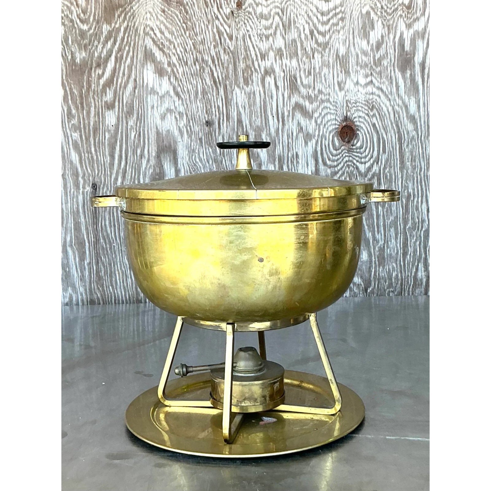 Vintage Mid-Century Modern Brass Chafing Dish After Tommi Parzinger - Back view