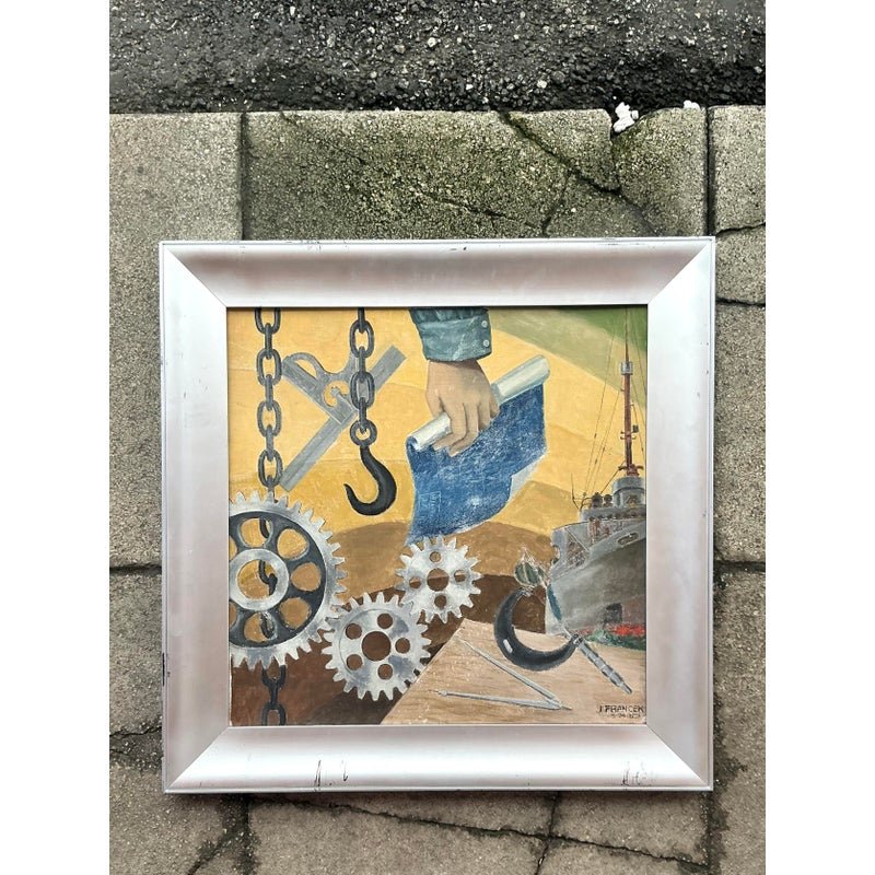 Mid 20th Century Vintage Boho Wpa Original Oil on Board - Side view
