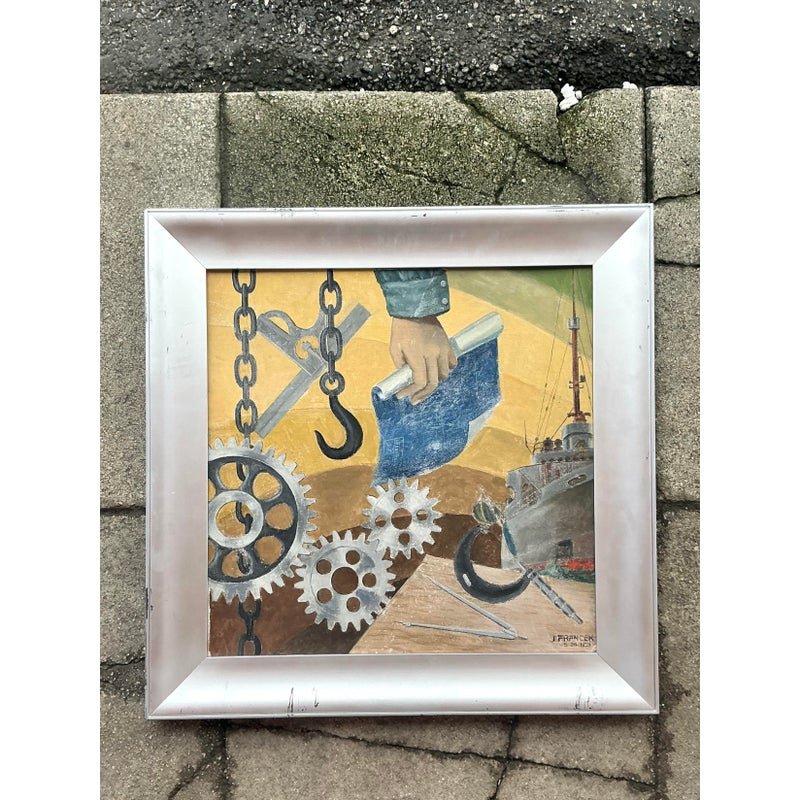 Mid 20th Century Vintage Boho Wpa Original Oil on Board - Top view