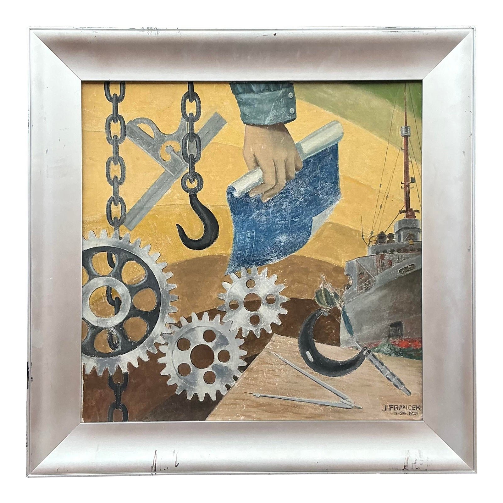 Mid 20th Century Vintage Boho Wpa Original Oil on Board