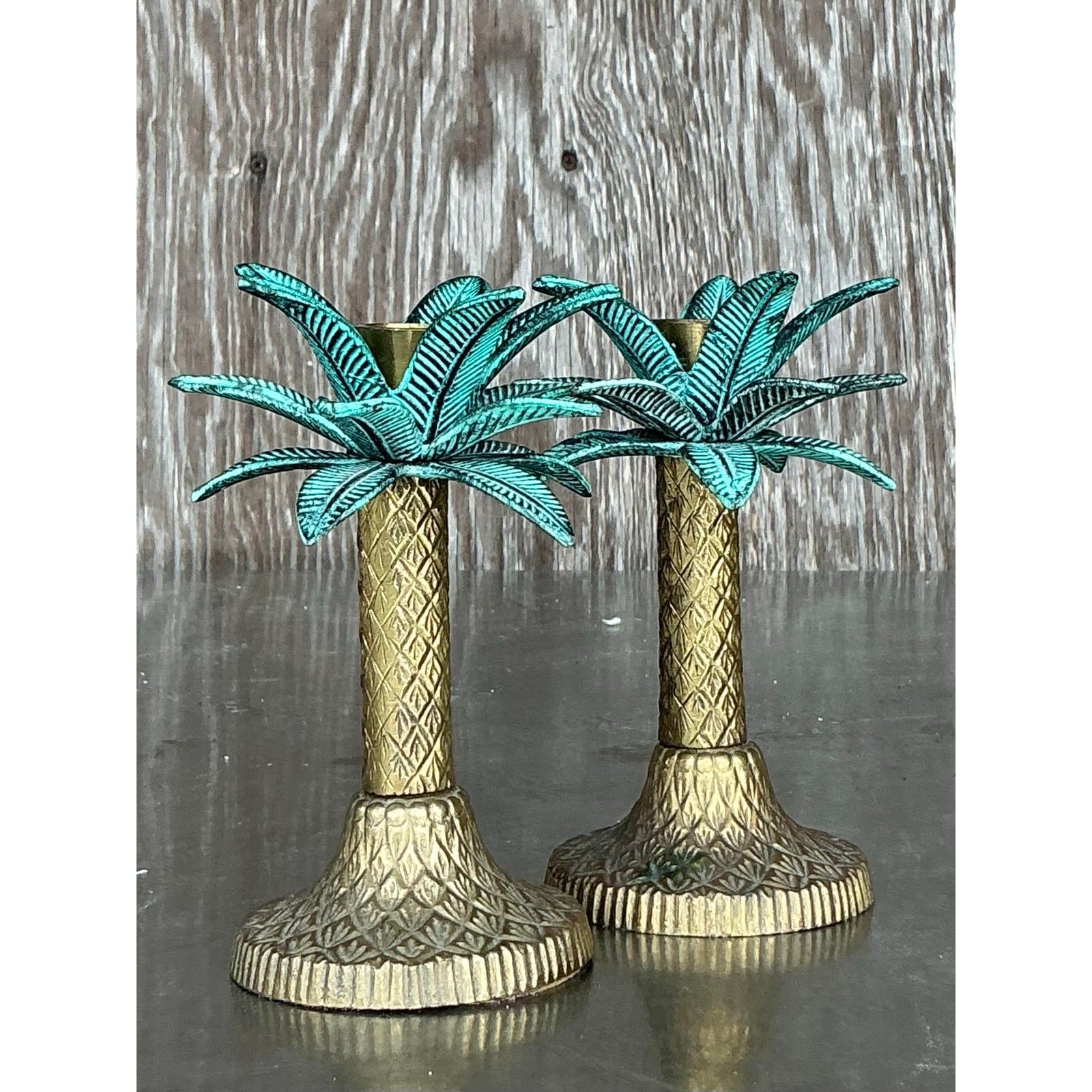 Vintage Coastal Patinated Metal Palm Tree Candlesticks- Set of 2 - Detail view