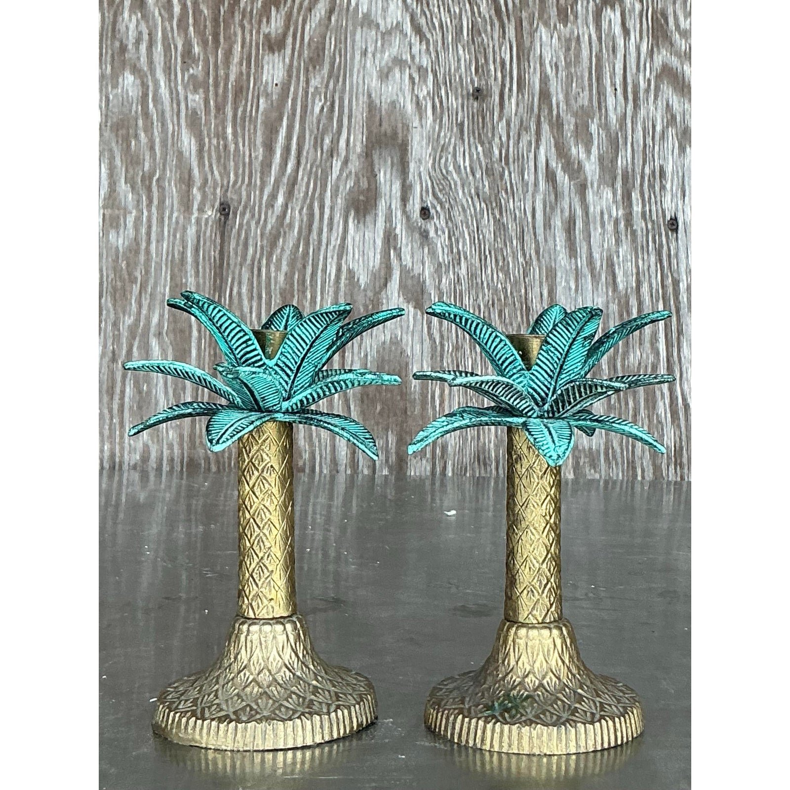 Vintage Coastal Patinated Metal Palm Tree Candlesticks- Set of 2 - Side view