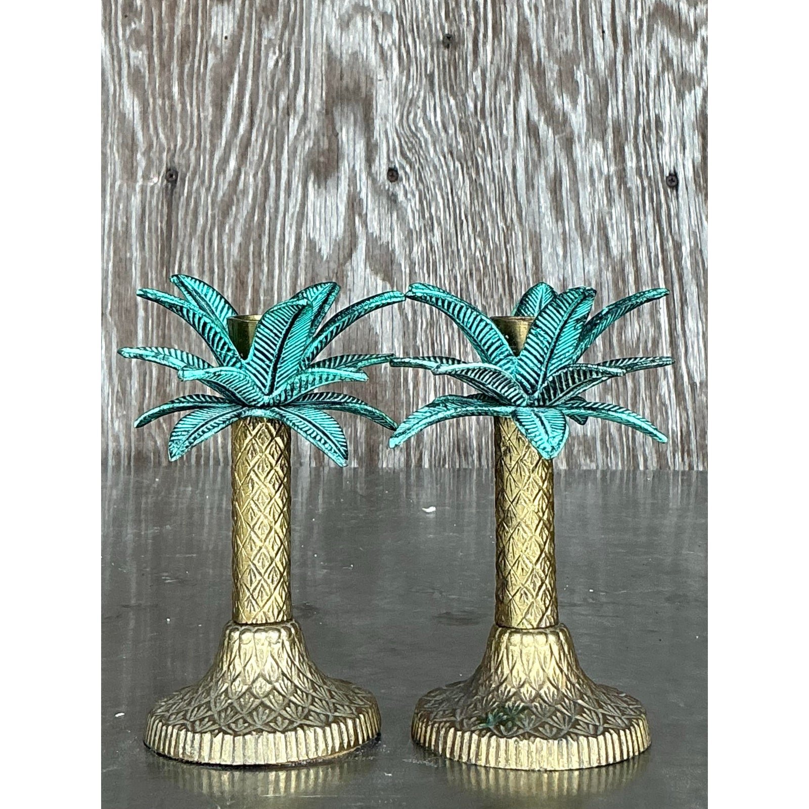 Vintage Coastal Patinated Metal Palm Tree Candlesticks- Set of 2 - Back view