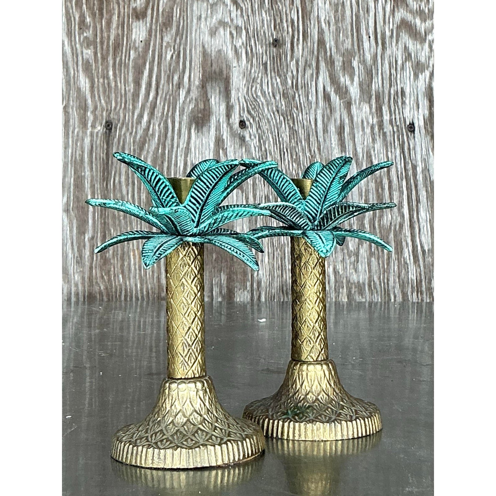 Vintage Coastal Patinated Metal Palm Tree Candlesticks- Set of 2 - Top view