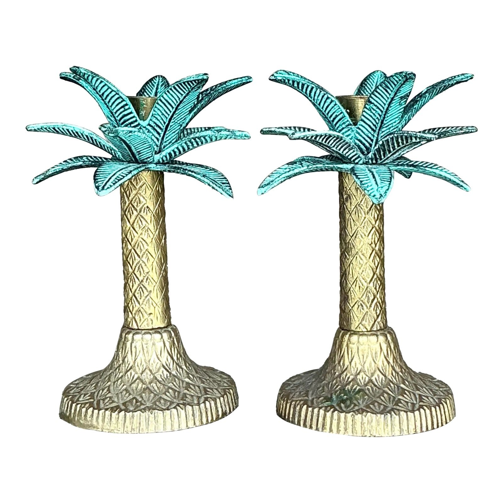 Vintage Coastal Patinated Metal Palm Tree Candlesticks- Set of 2