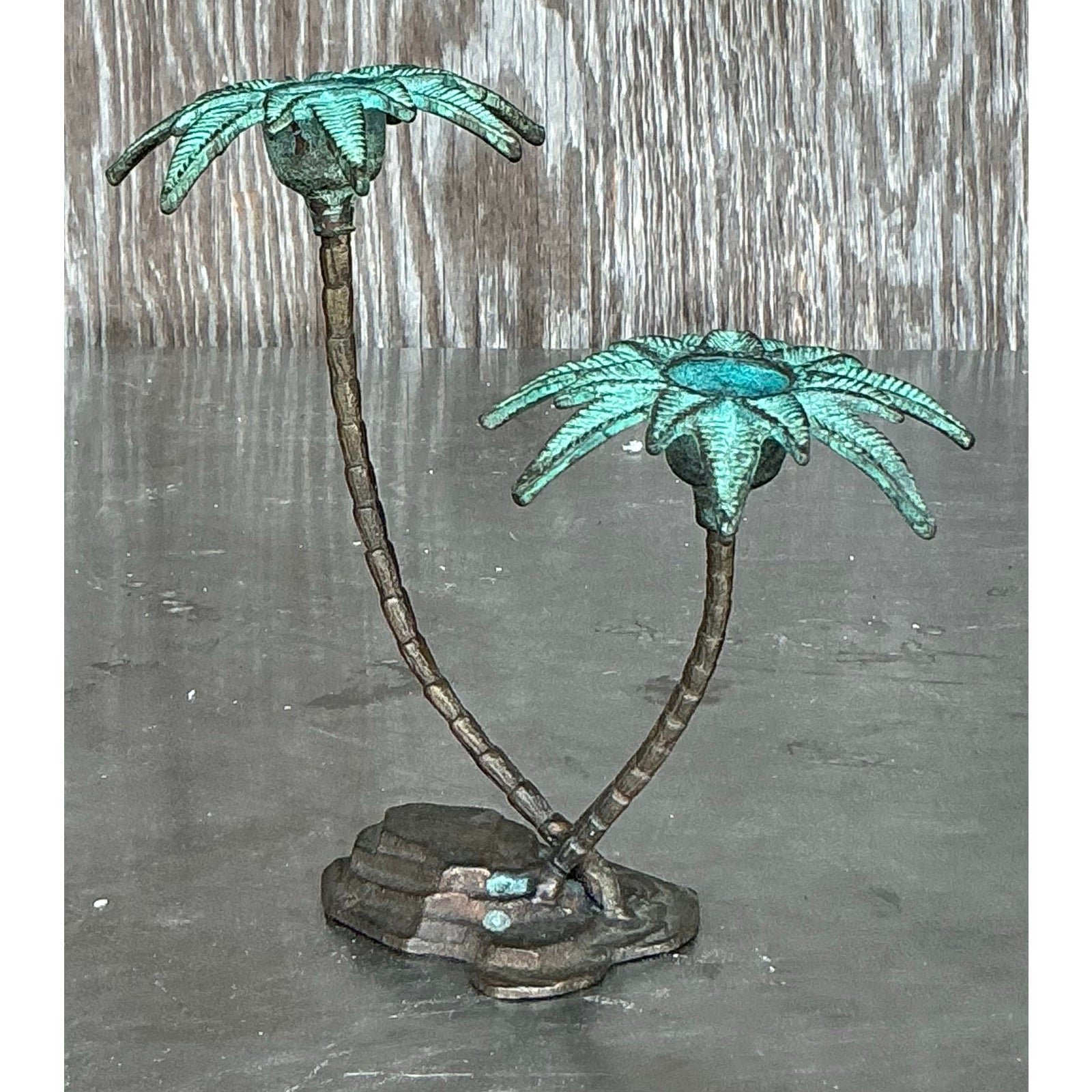 Vintage Coastal Patinated a Metal Palm Treen Candlesticks - Detail view