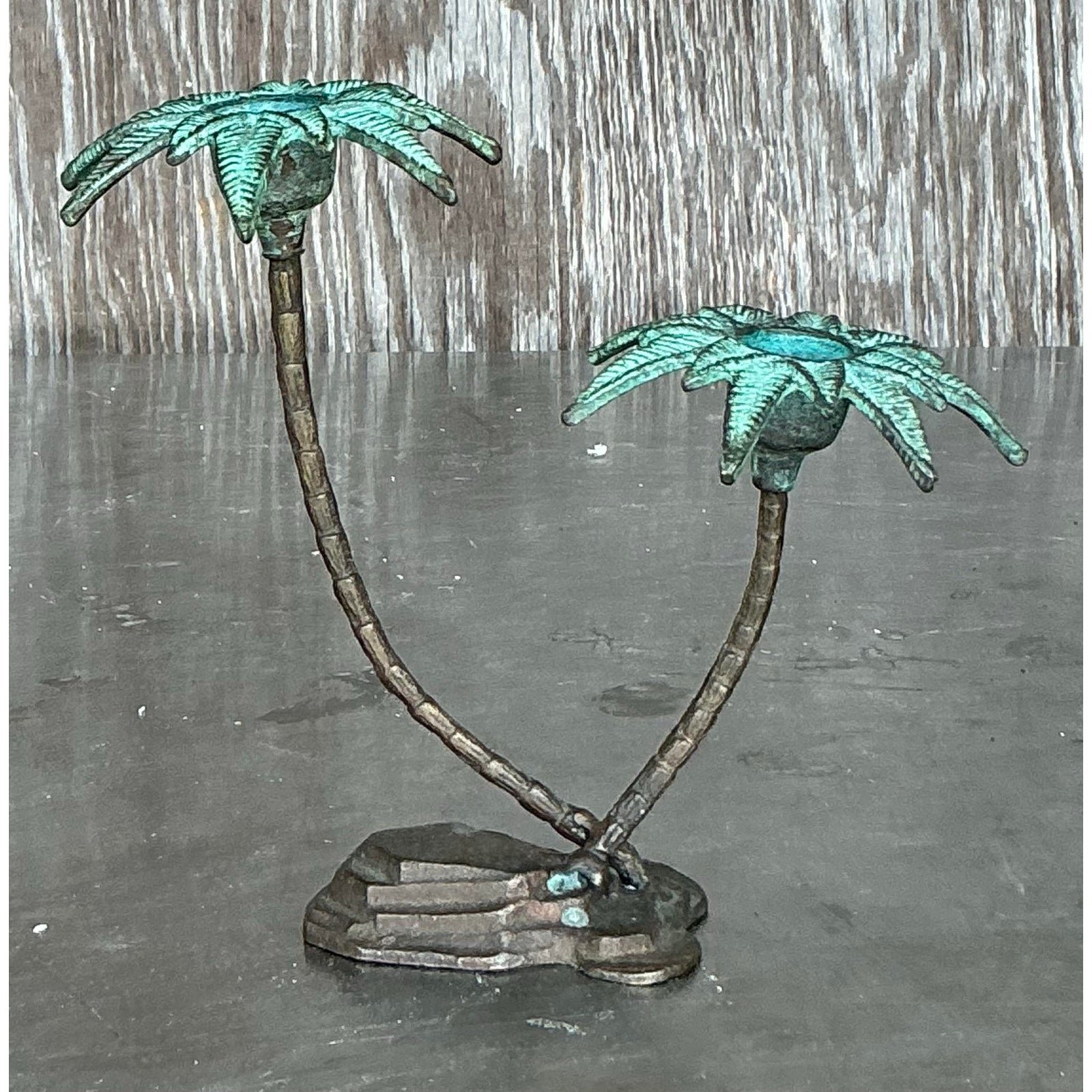 Vintage Coastal Patinated a Metal Palm Treen Candlesticks - Side view