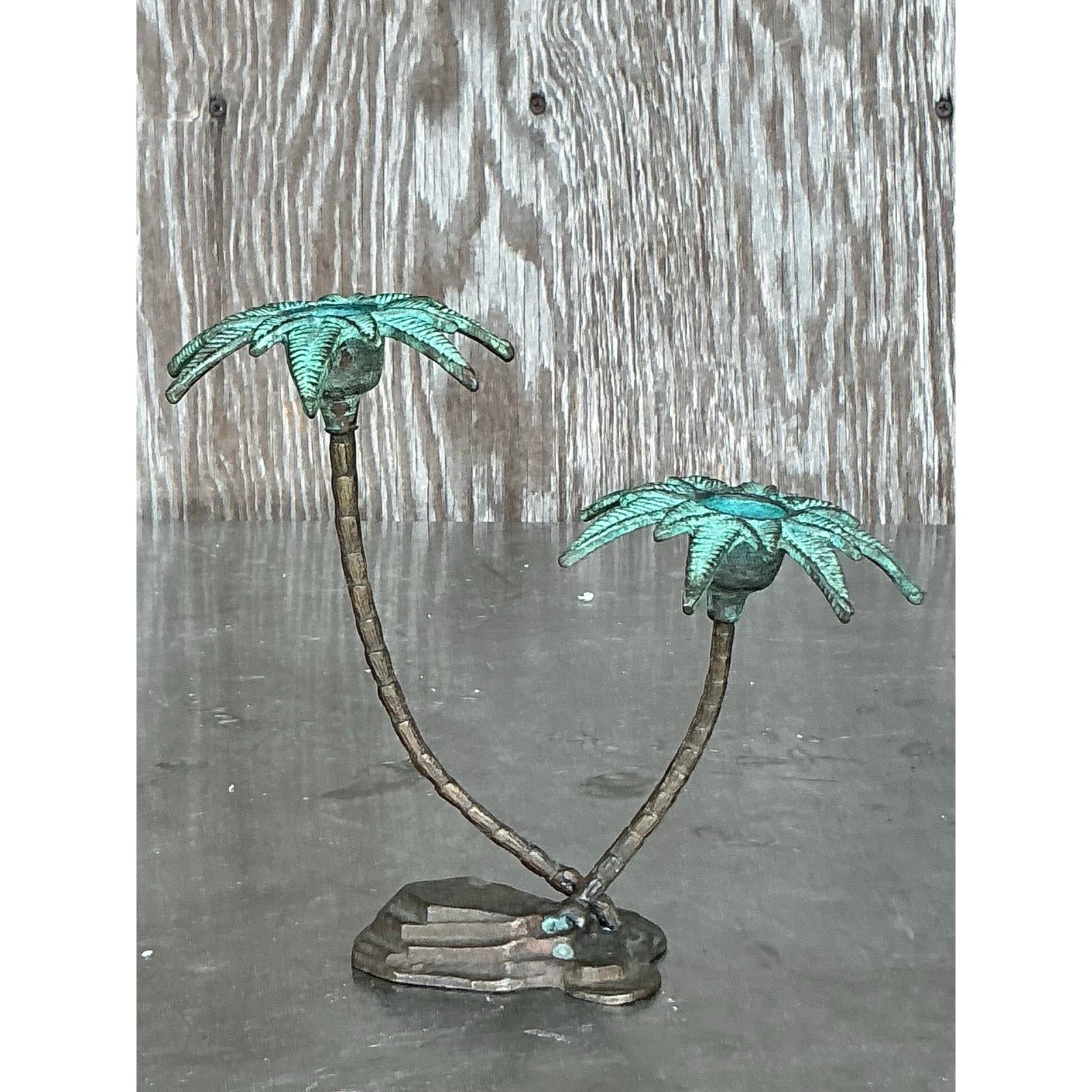 Vintage Coastal Patinated a Metal Palm Treen Candlesticks - Back view