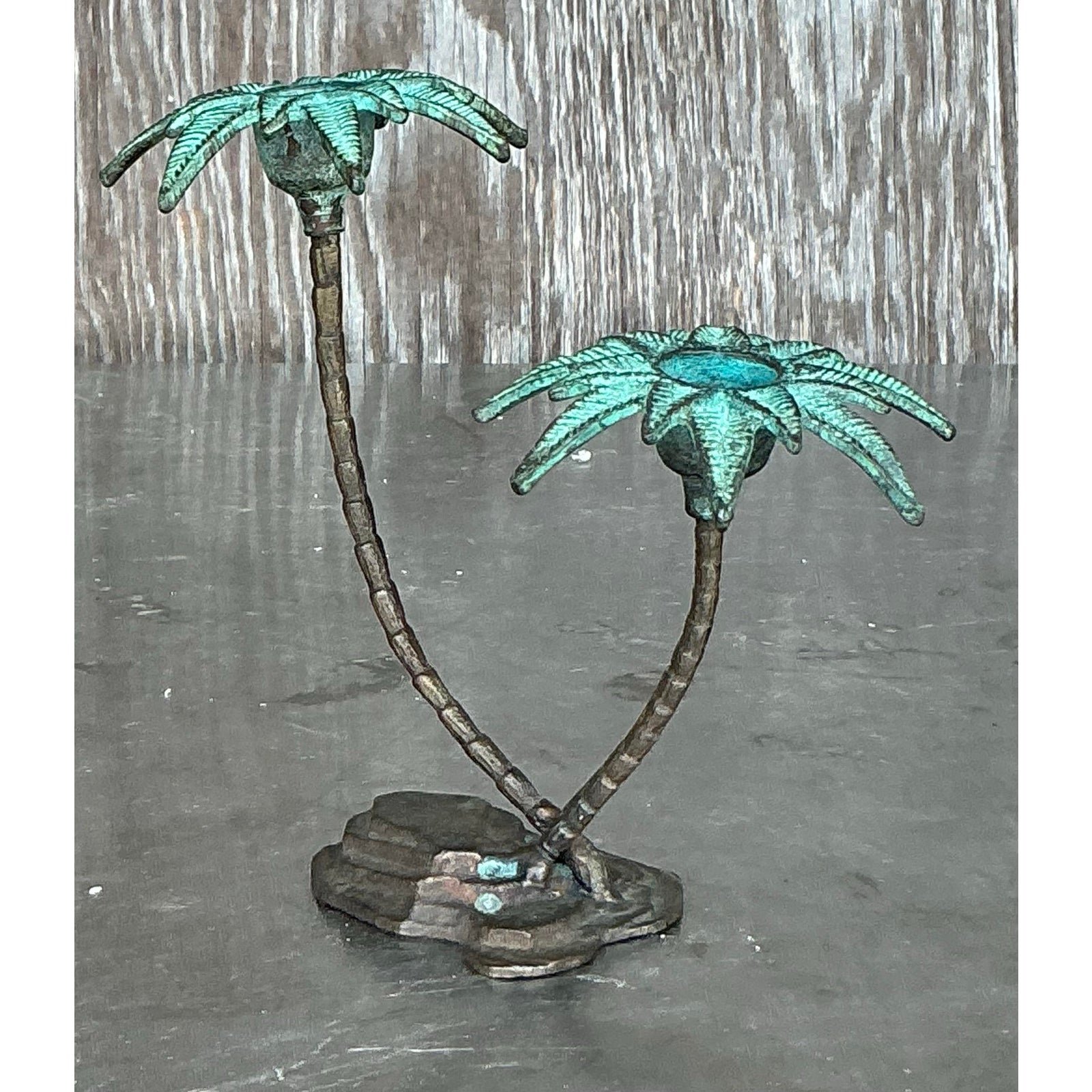 Vintage Coastal Patinated a Metal Palm Treen Candlesticks - Top view