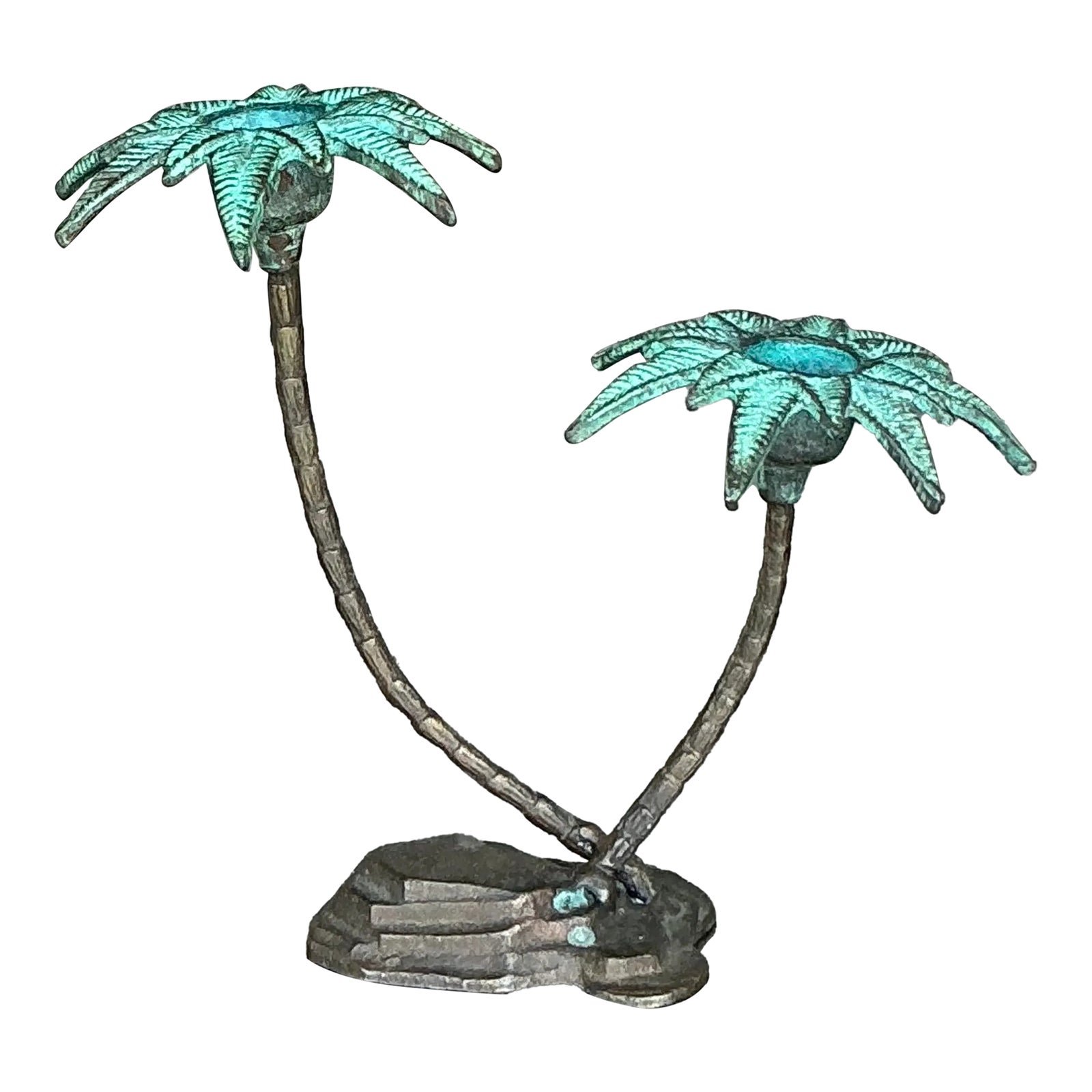 Vintage Coastal Patinated a Metal Palm Treen Candlesticks