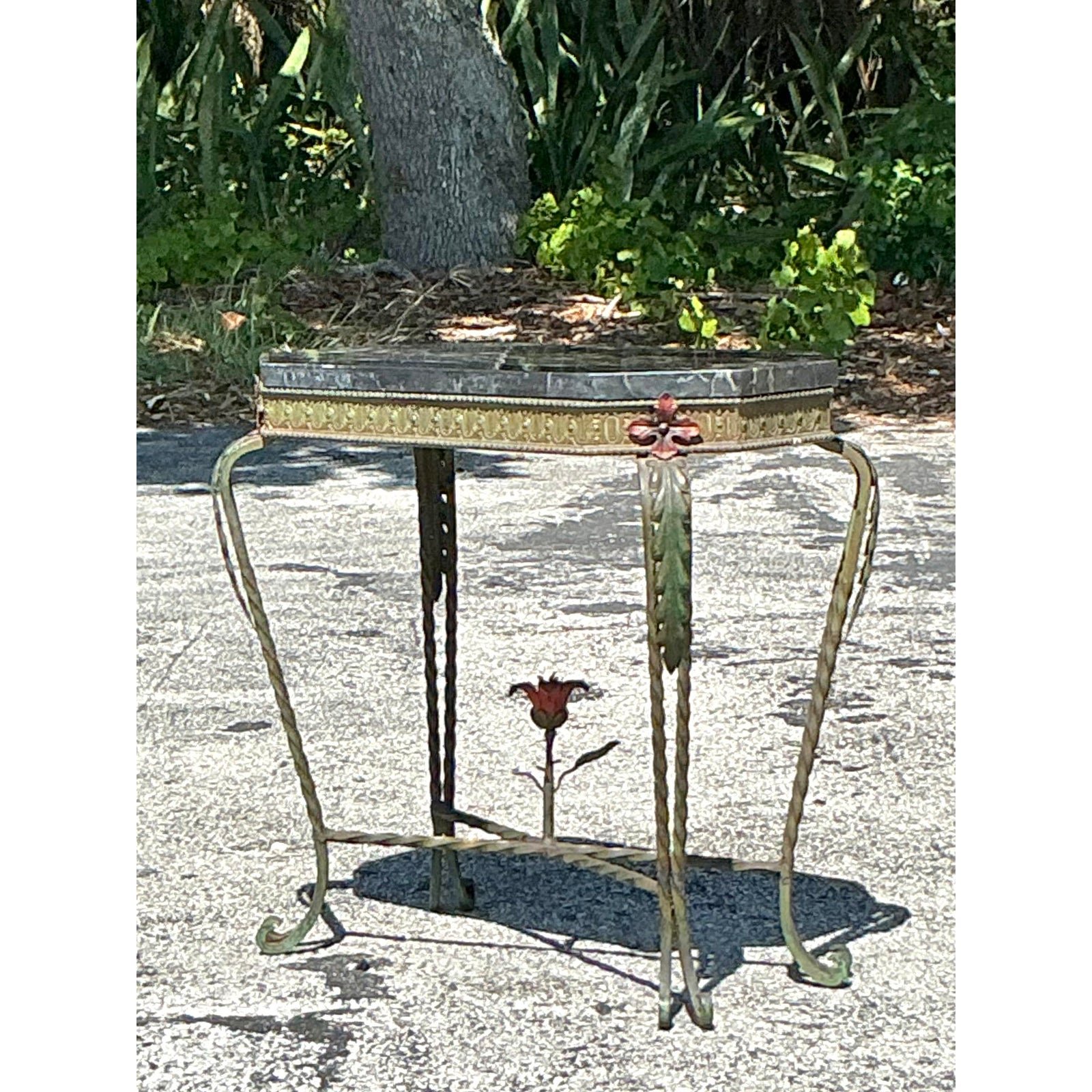 Vintage Deco Stone and Wrought Iron Side Table - Side view