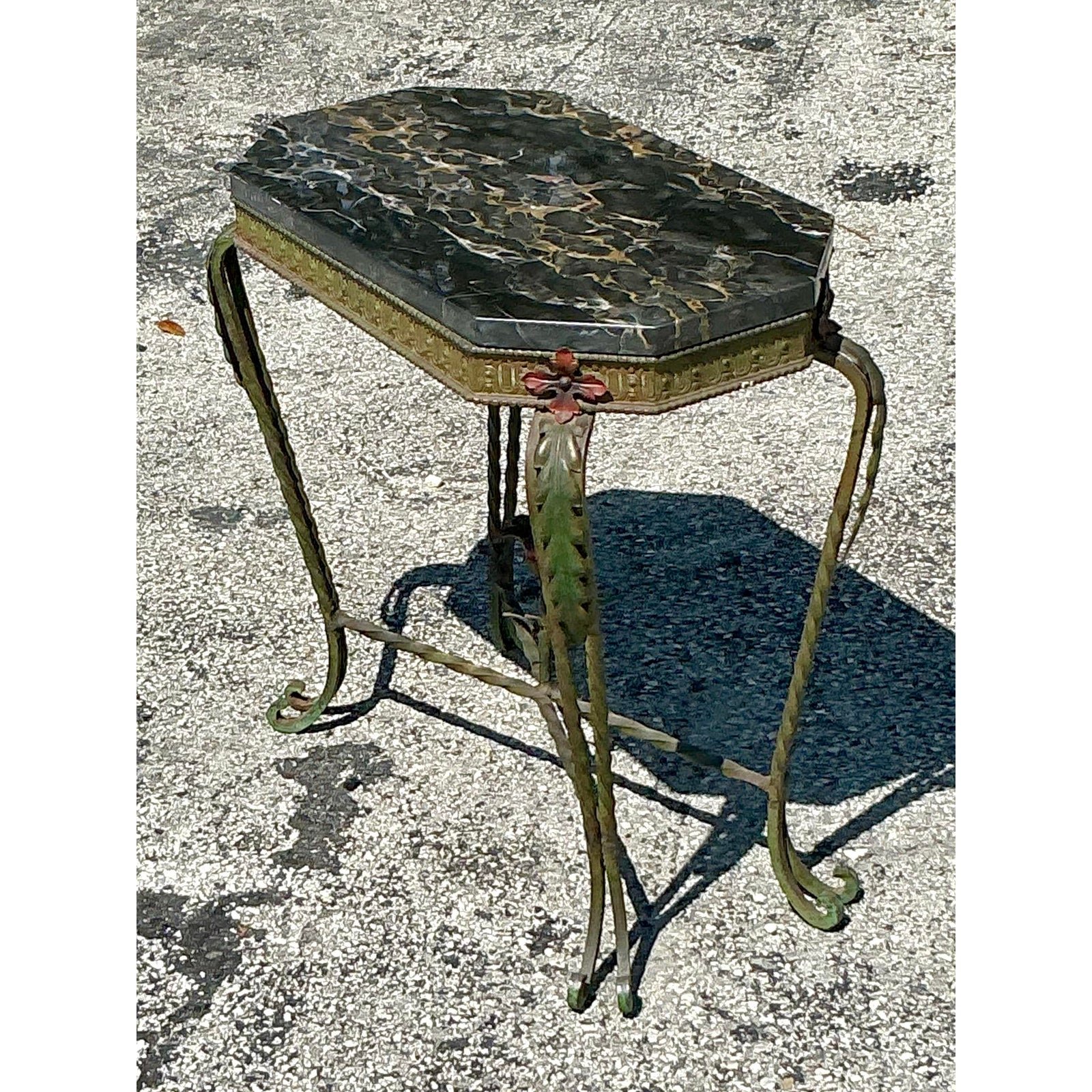 Vintage Deco Stone and Wrought Iron Side Table - Top view