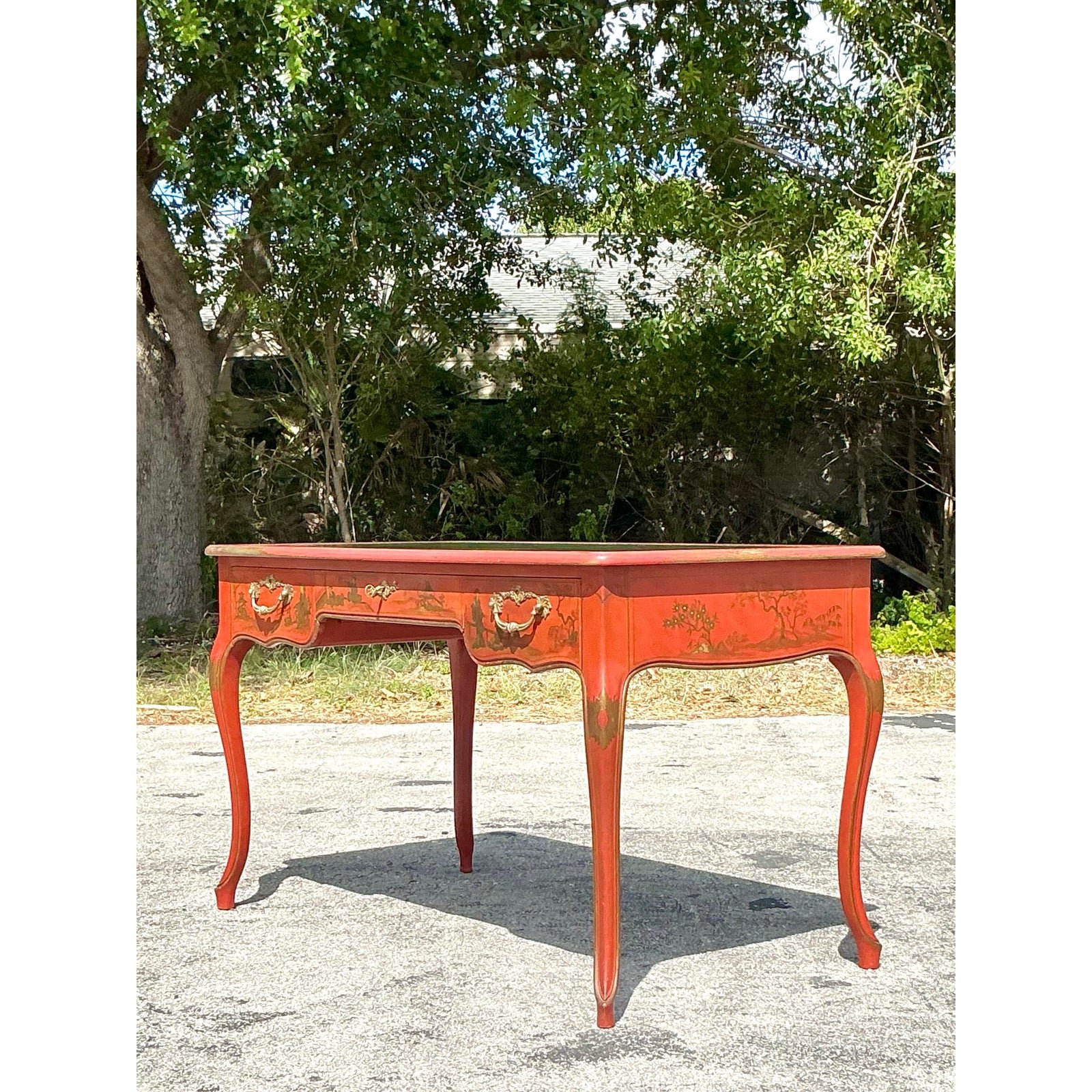 Vintage Baker Red Lacquered Chinoiserie Writing Desk - Detail view