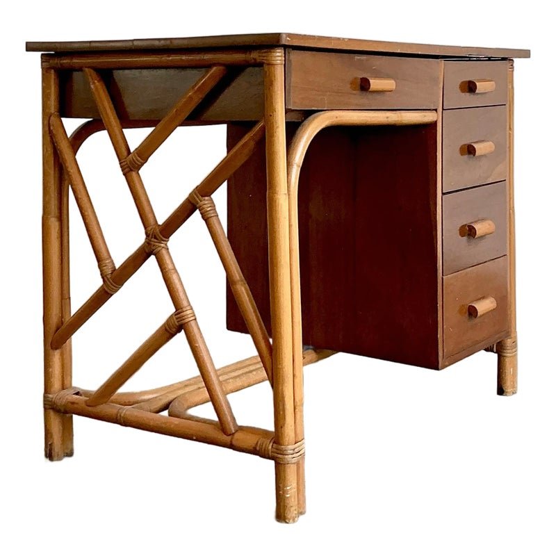 Vintage Chinese Chippendale Bamboo Writing Desk
