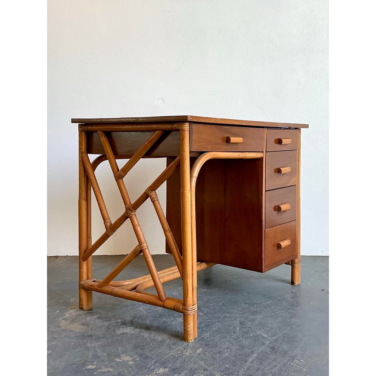 Vintage Chinese Chippendale Bamboo Writing Desk - Side view