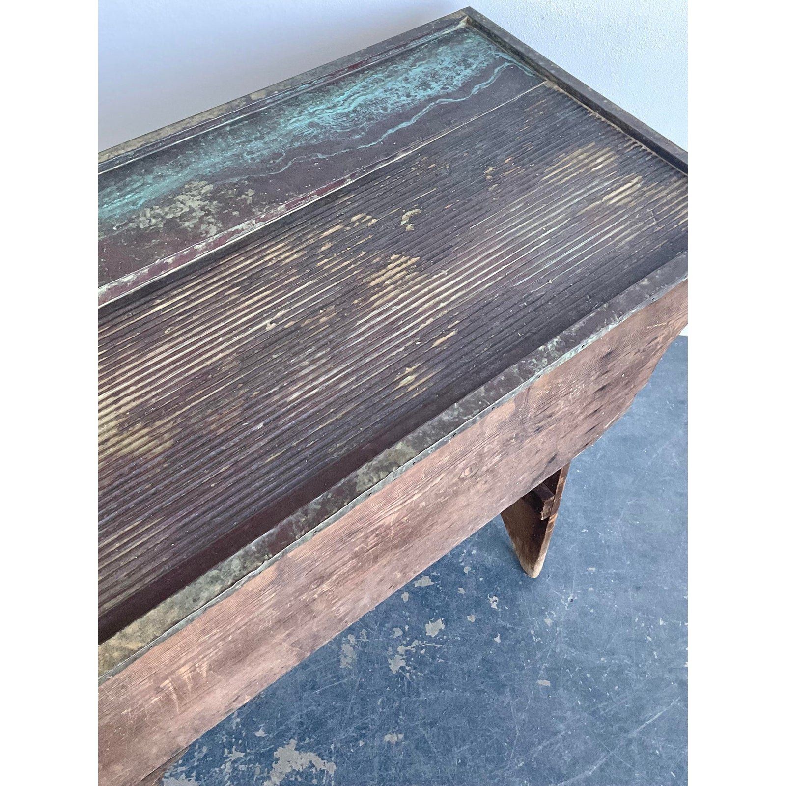 Vintage Primitive Patinated Copper Dry Sink - Side view