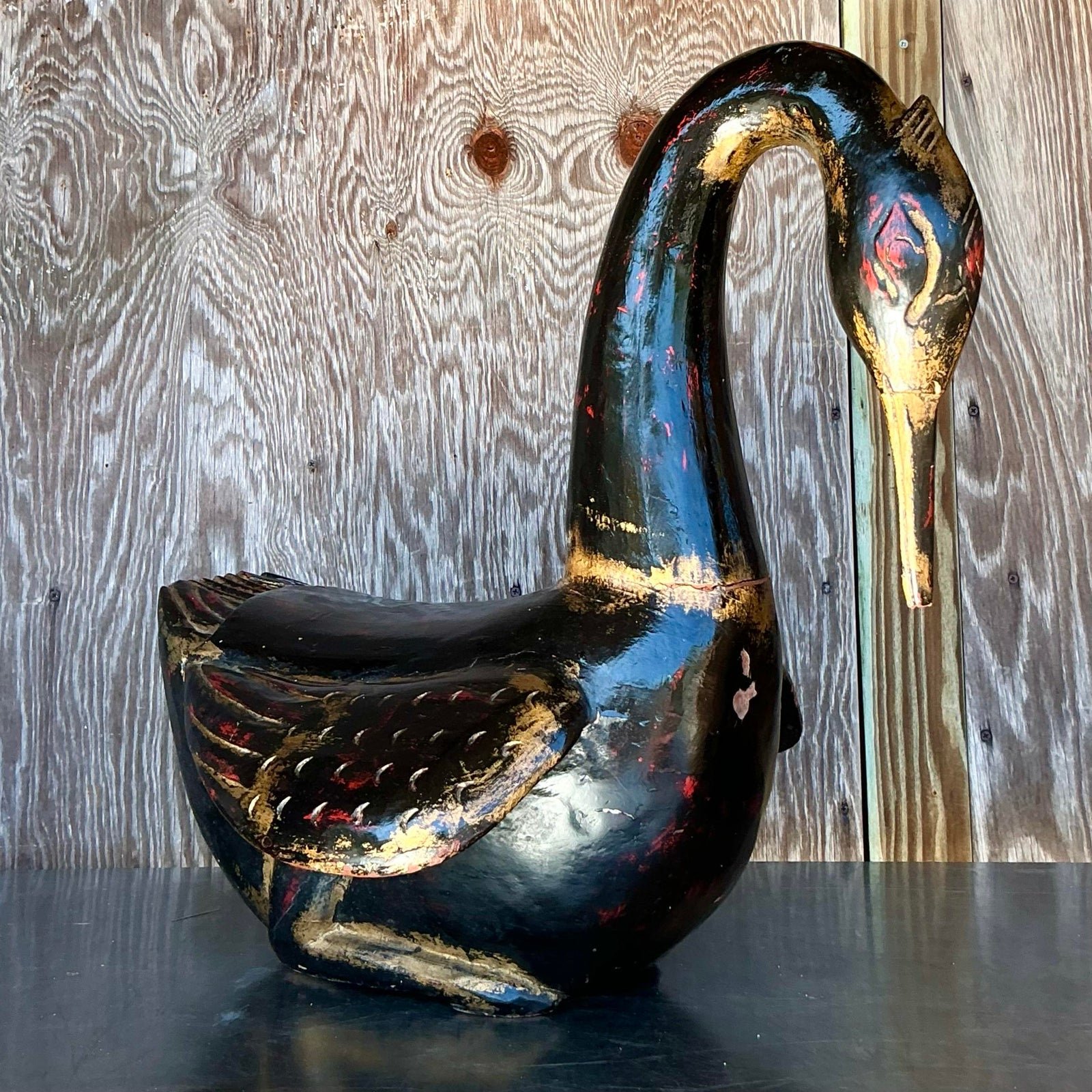 Late 20th Century Vintage Boho Hand Painted Carved Wood Swan - Detail view