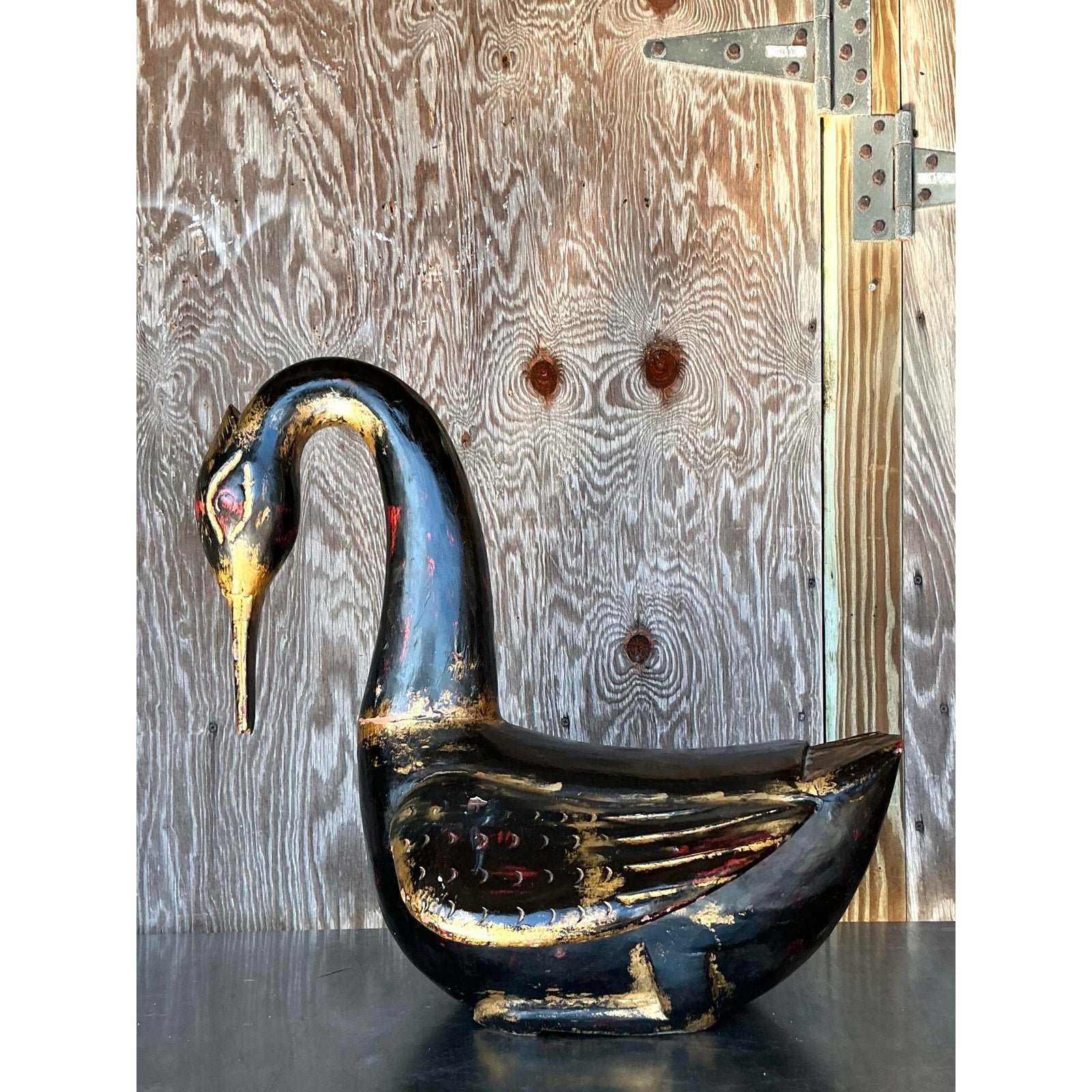 Late 20th Century Vintage Boho Hand Painted Carved Wood Swan - Side view