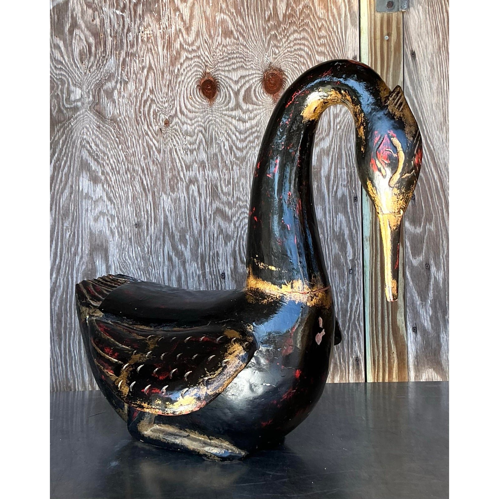 Late 20th Century Vintage Boho Hand Painted Carved Wood Swan - Back view