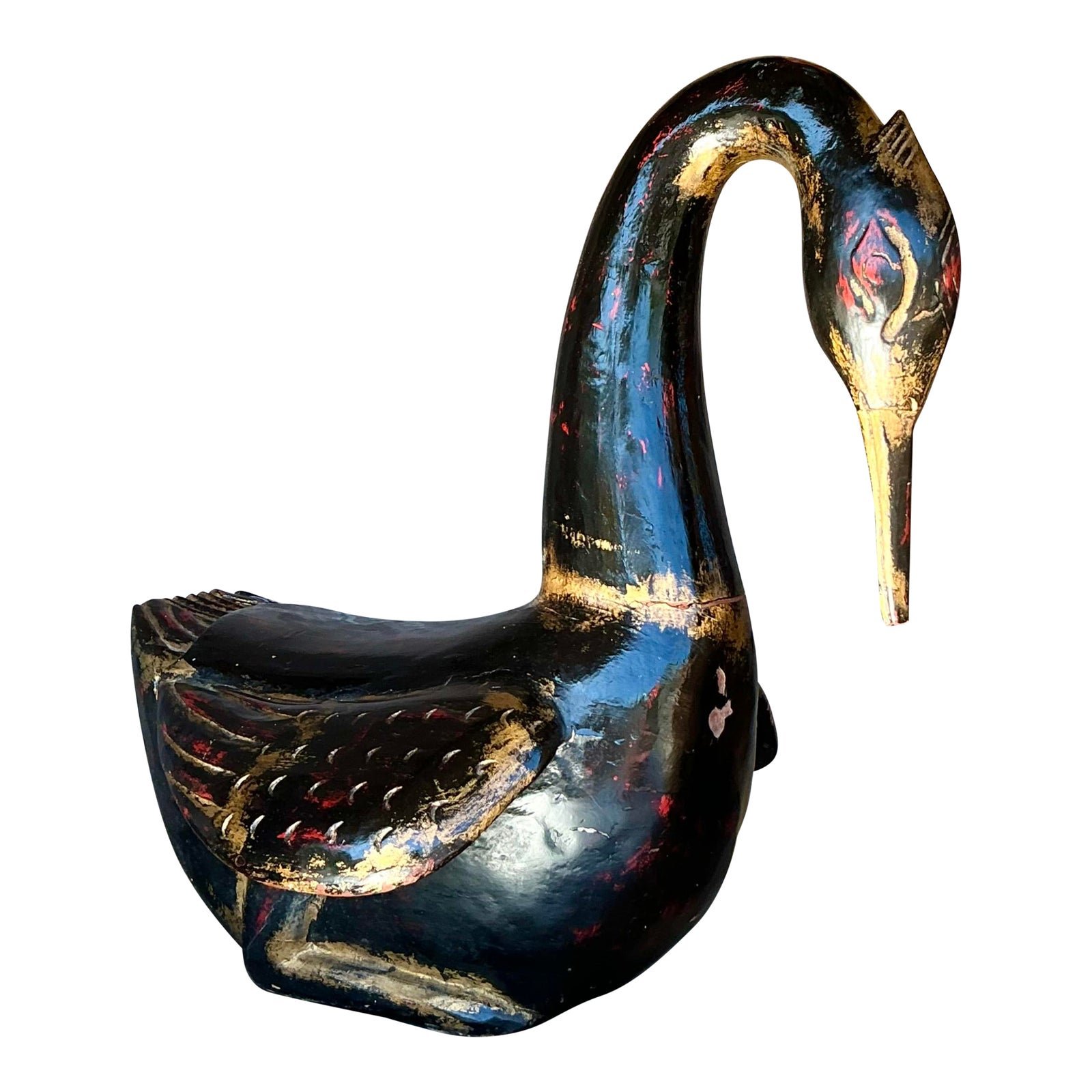 Late 20th Century Vintage Boho Hand Painted Carved Wood Swan