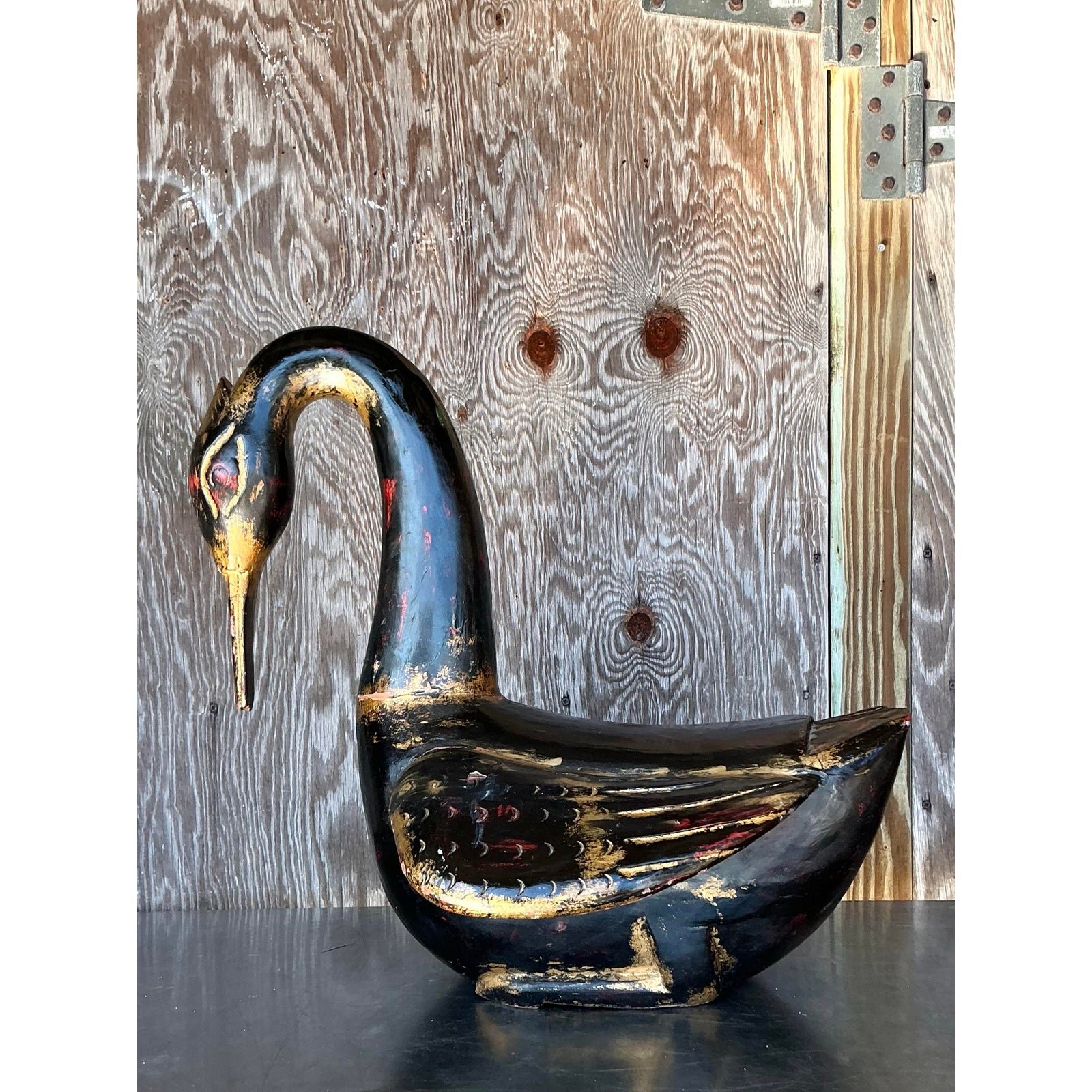 Late 20th Century Vintage Boho Hand Painted Carved Wood Swan - Top view