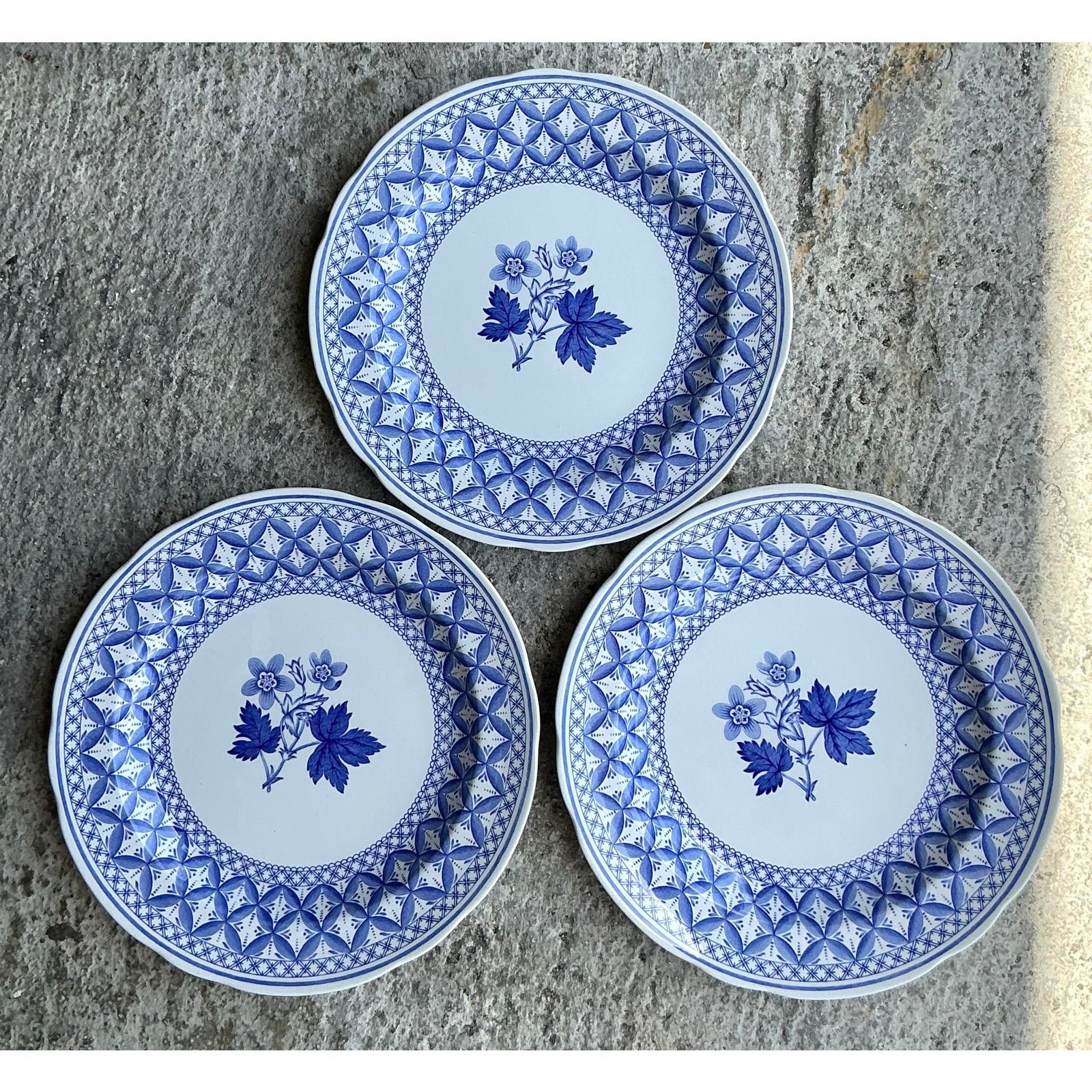 Vintage English Blue Geranium Ceramic Plates - Set of 3 - Back view