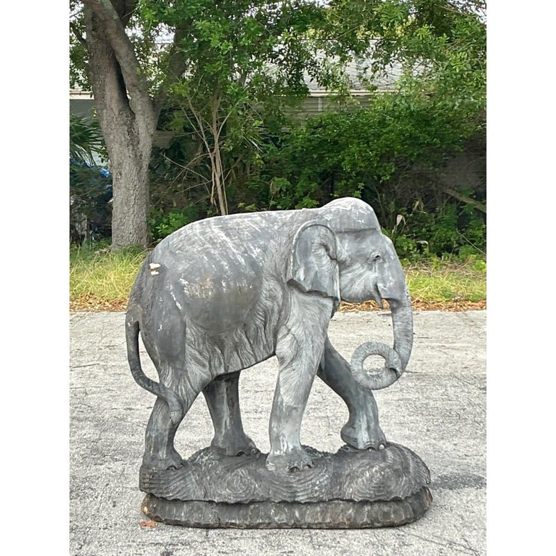 Late 20th Century Vintage Boho Monumental Carved Wooden Elephant - Side view
