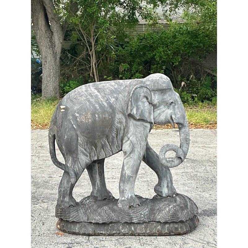 Late 20th Century Vintage Boho Monumental Carved Wooden Elephant - Top view