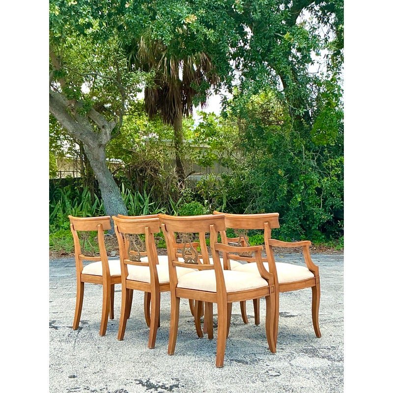 Vintage Regency Henredon Burnished Brass Dolphin Klismos Dining Chairs - Set of 6 - Back view
