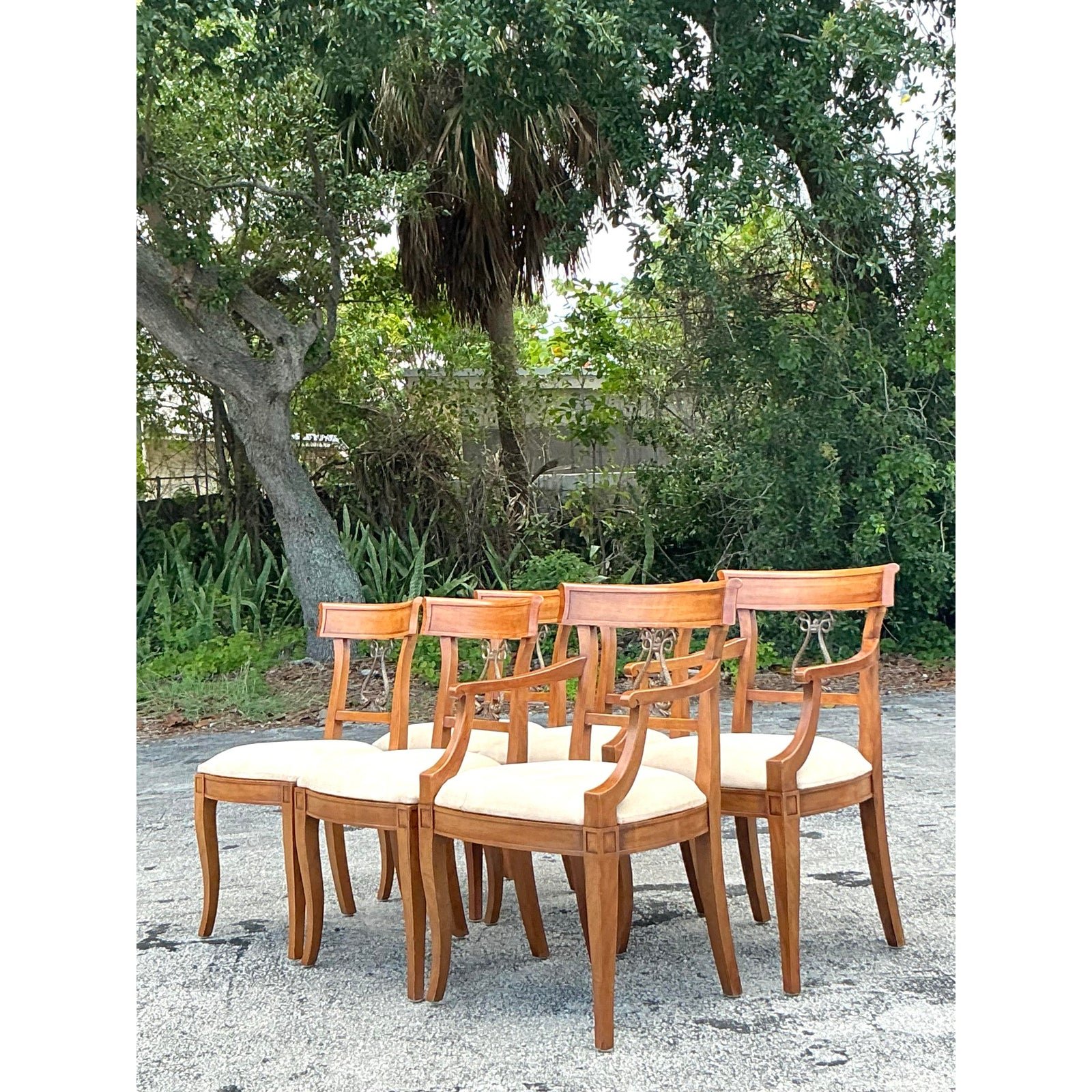 Vintage Regency Henredon Burnished Brass Dolphin Klismos Dining Chairs - Set of 6 - Detail view