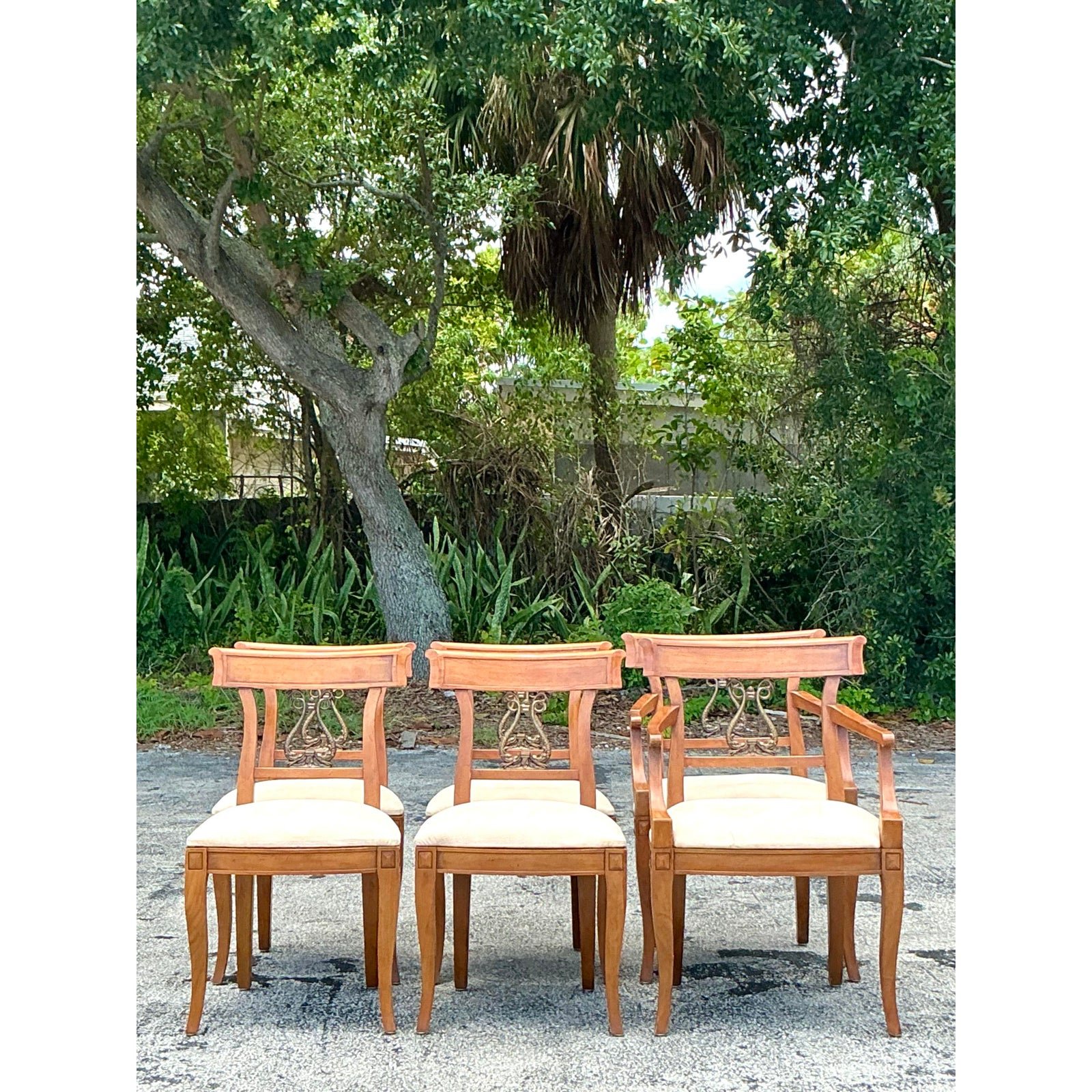 Vintage Regency Henredon Burnished Brass Dolphin Klismos Dining Chairs - Set of 6 - Top view