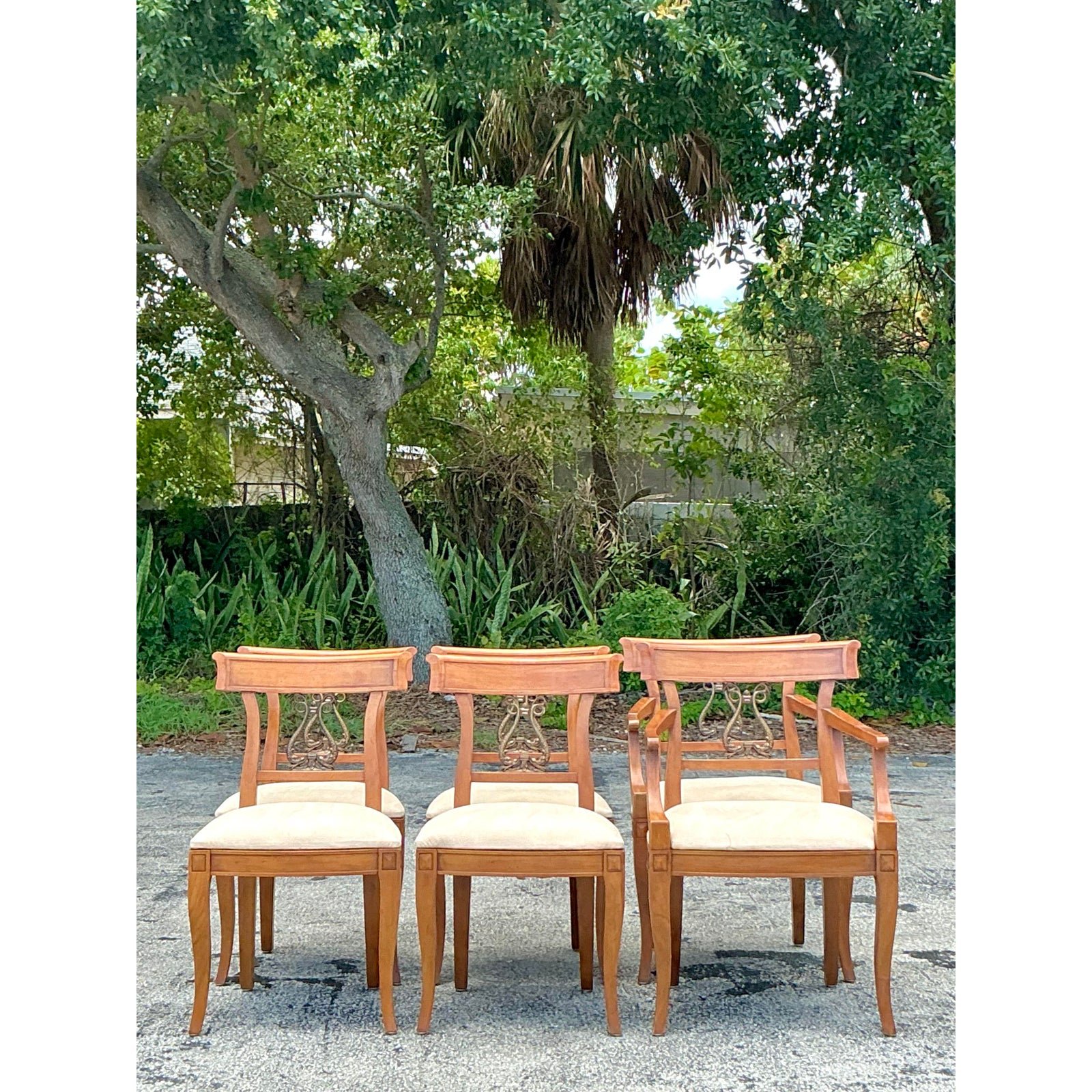 Vintage Regency Henredon Burnished Brass Dolphin Klismos Dining Chairs - Set of 6 - Side view