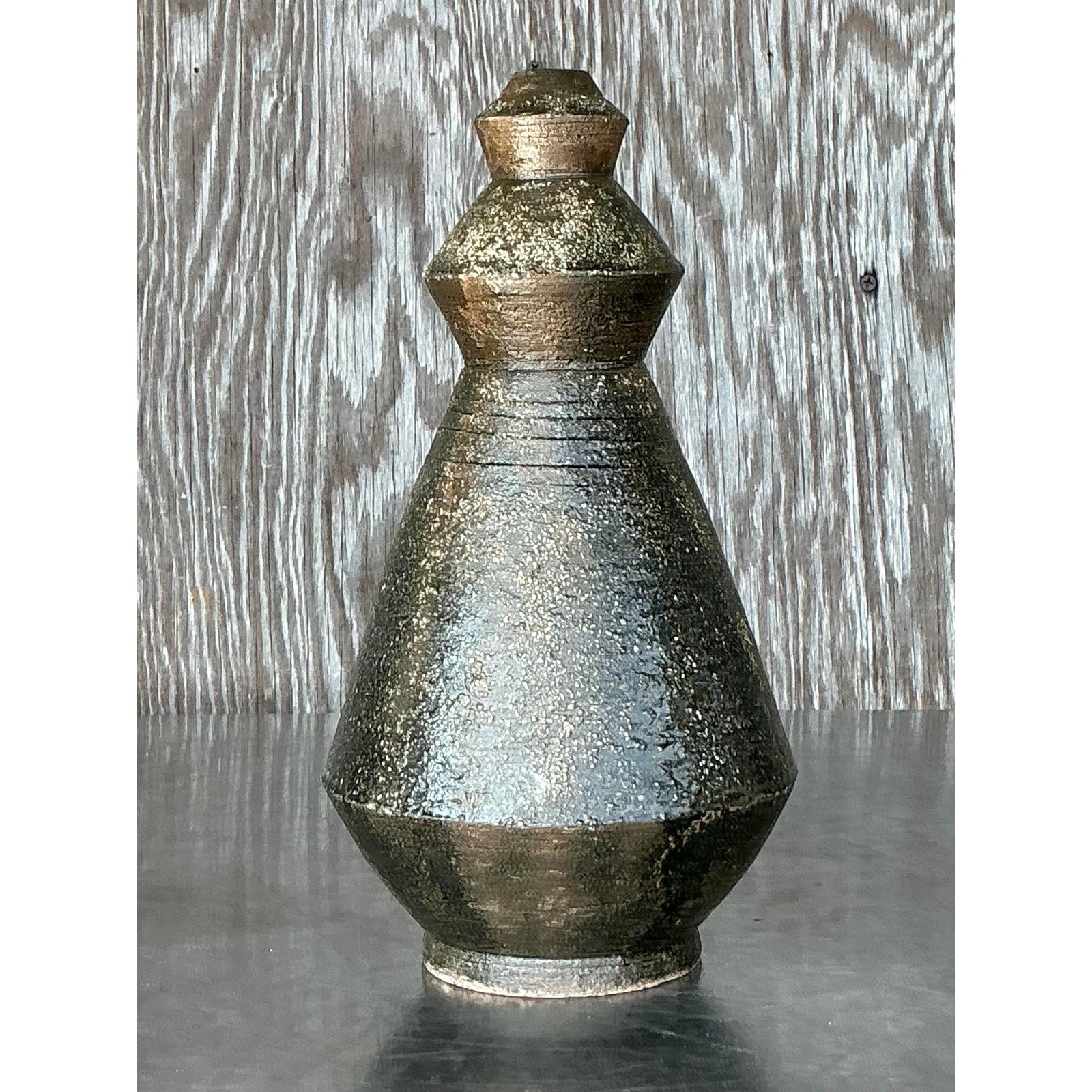 Vintage Boho Original Studio Pottery Scored Vase - Detail view