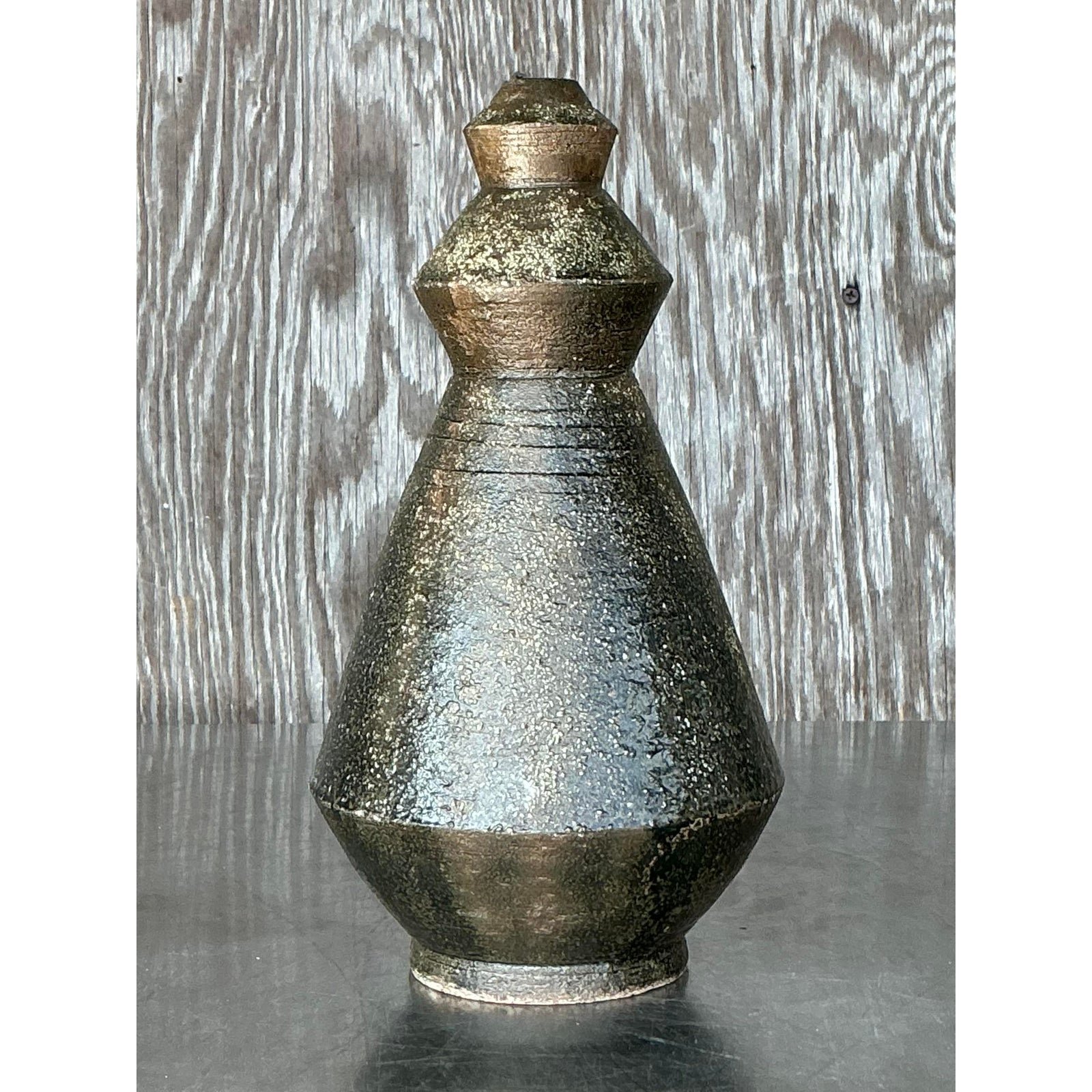 Vintage Boho Original Studio Pottery Scored Vase - Side view