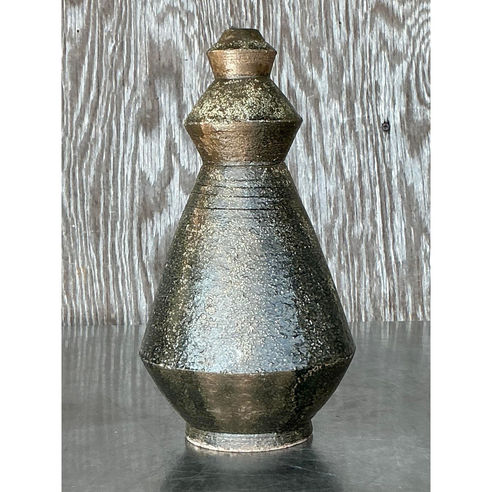Vintage Boho Original Studio Pottery Scored Vase - Top view