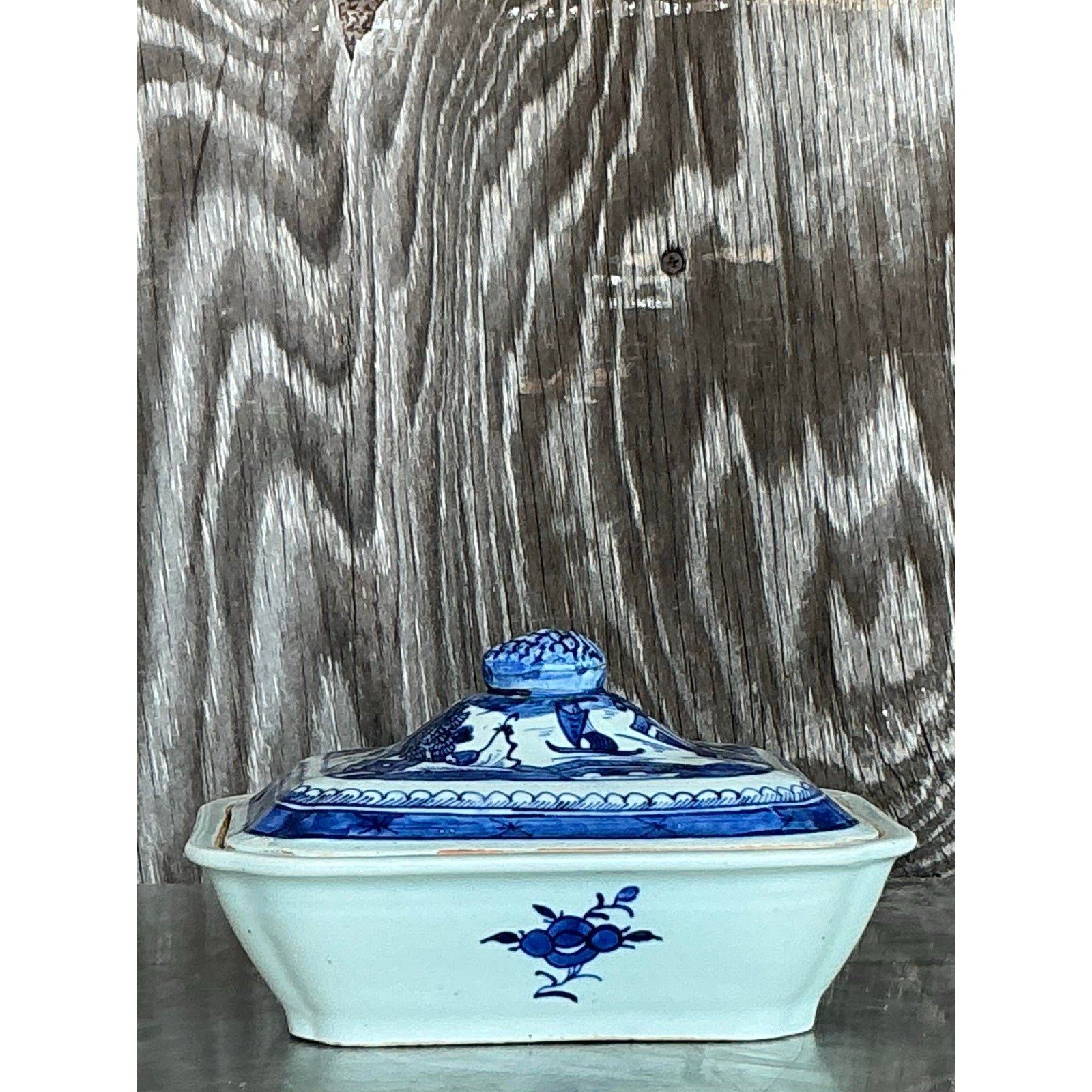 Vintage Asian Blue and White Lidded Serving Dish - Side view