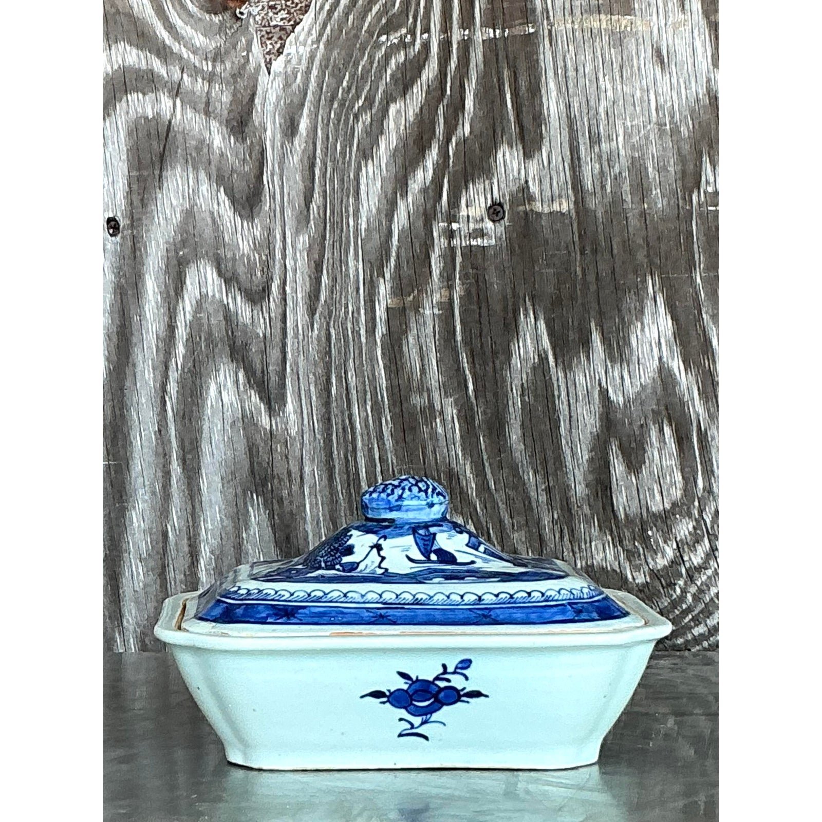 Vintage Asian Blue and White Lidded Serving Dish - Detail view