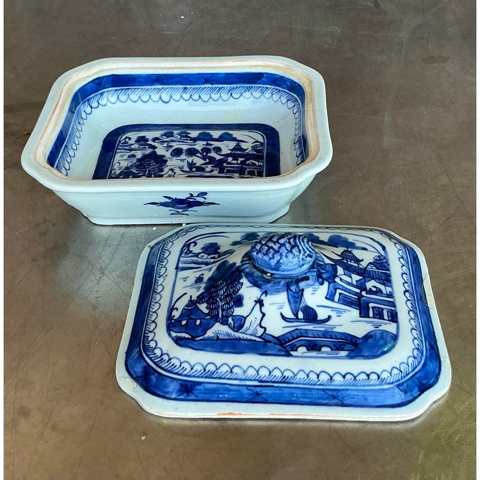 Vintage Asian Blue and White Lidded Serving Dish - Top view