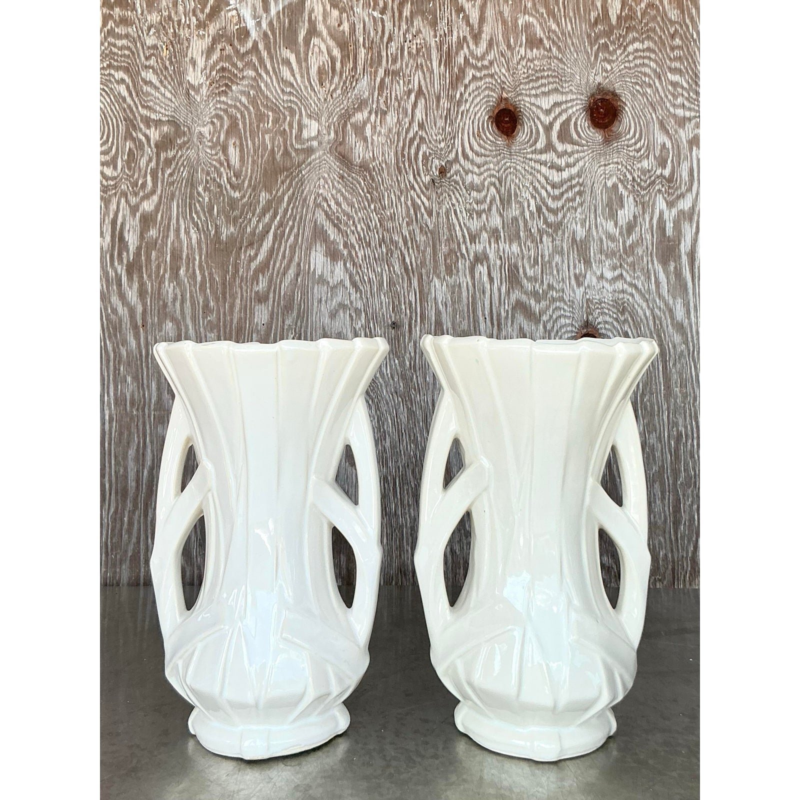 Vintage Boho McCoy Ribbon Vase - A Pair - Detail view