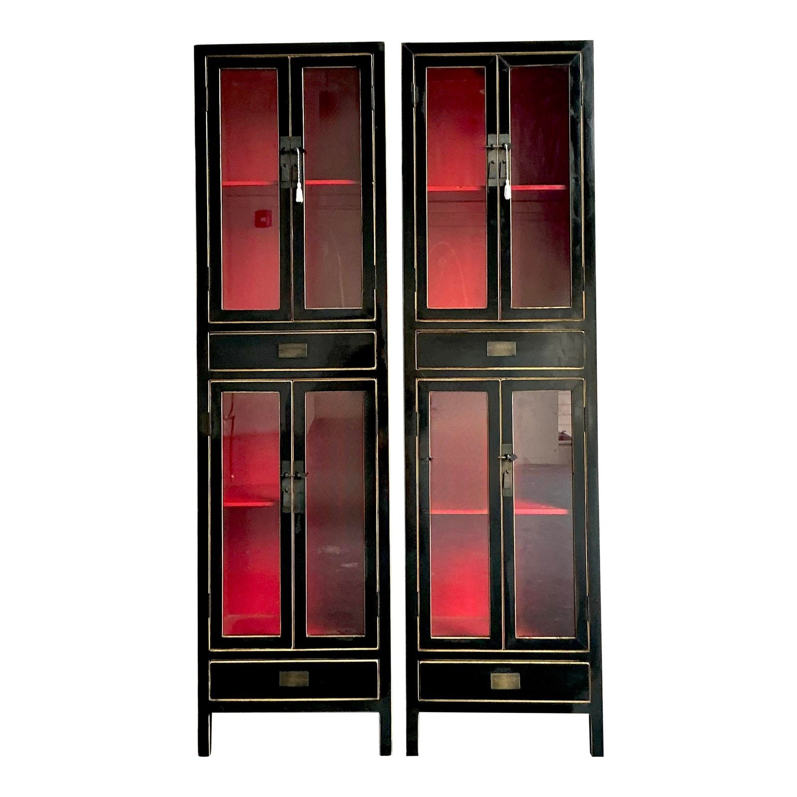 Vintage Boho Lacquered Tall Cabinets - A Pair
