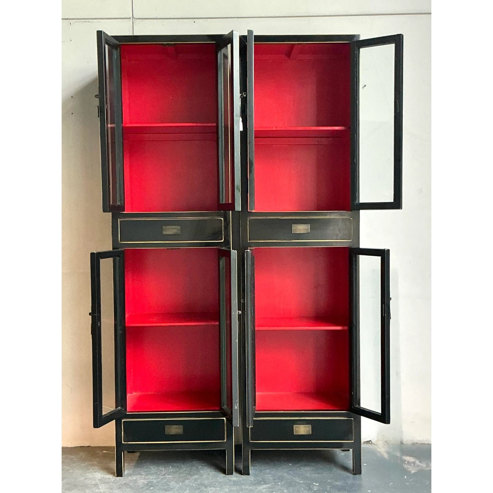 Vintage Boho Lacquered Tall Cabinets - A Pair - Side view