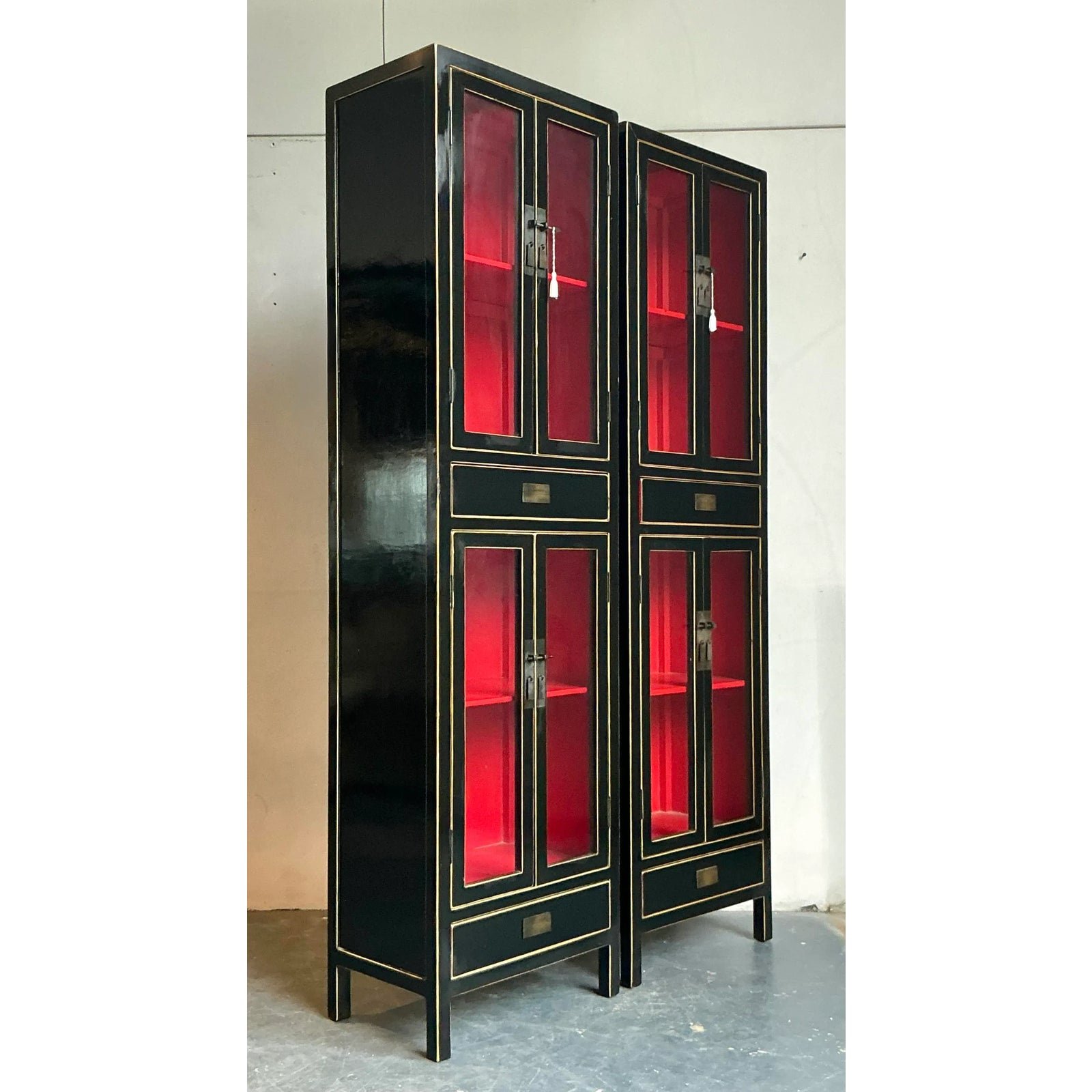 Vintage Boho Lacquered Tall Cabinets - A Pair - Back view