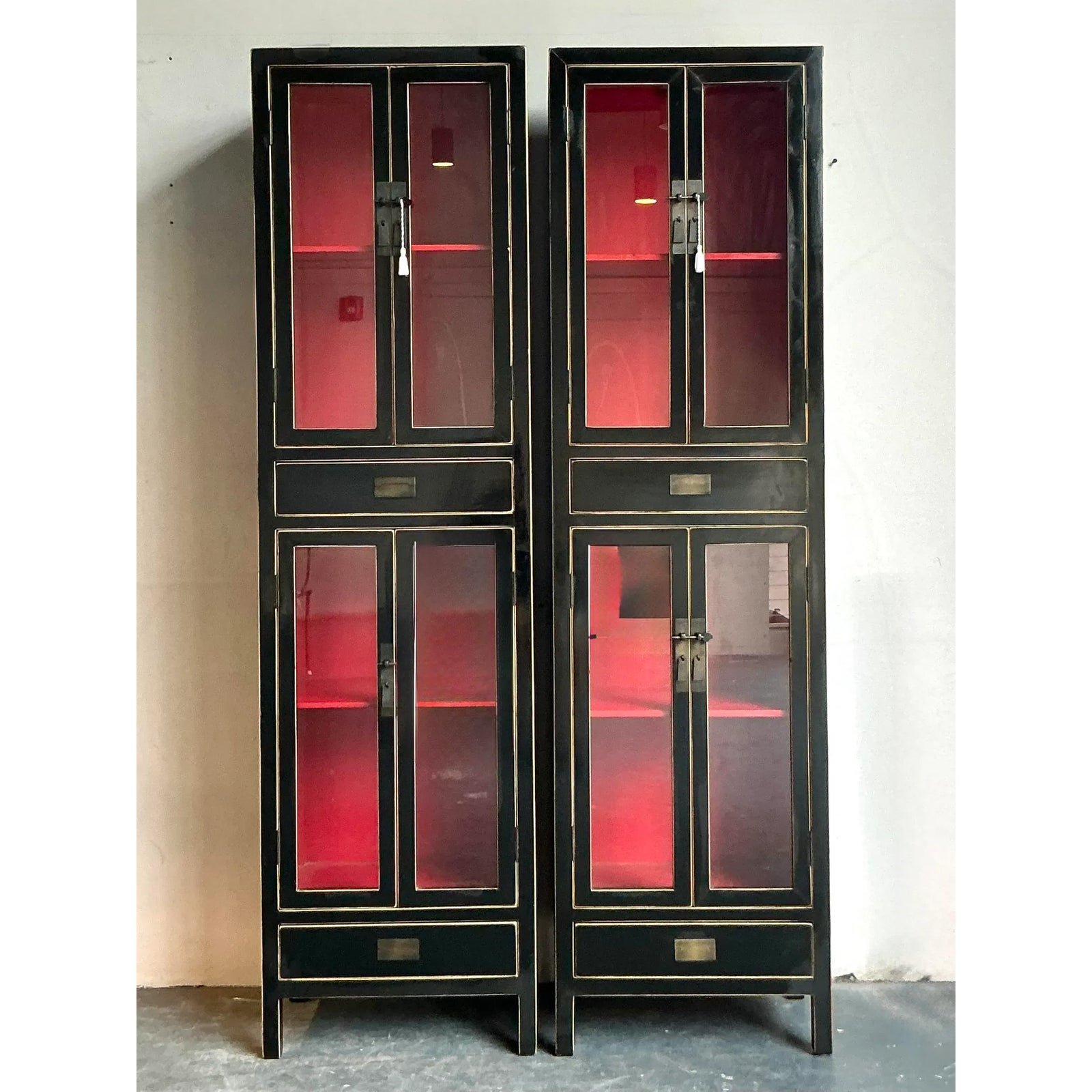 Vintage Boho Lacquered Tall Cabinets - A Pair - Top view