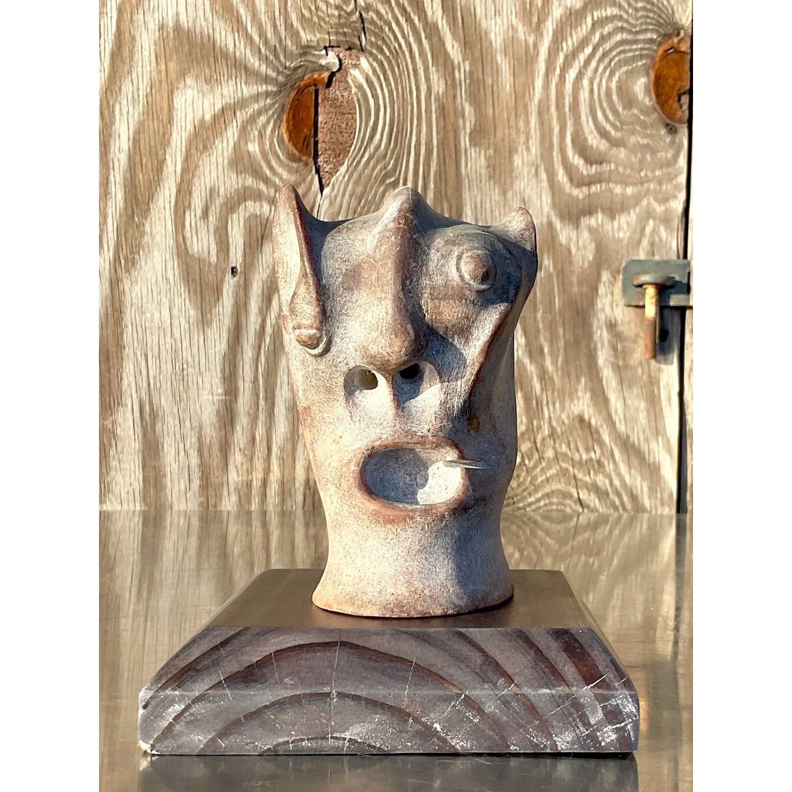 Vintage Boho Abstract Carved Stone Head Sculpture - Back view