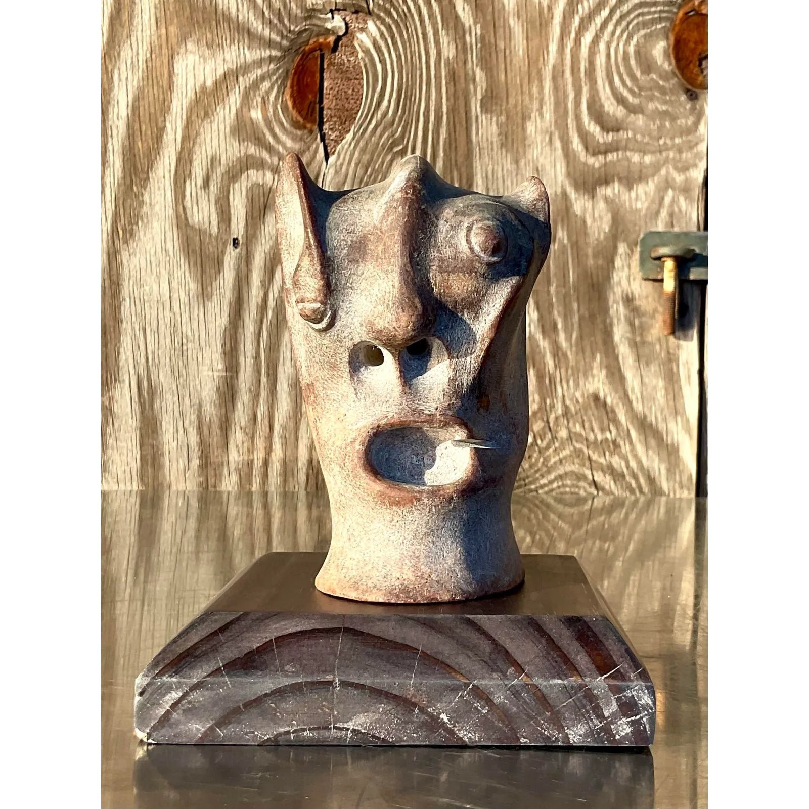 Vintage Boho Abstract Carved Stone Head Sculpture - Detail view