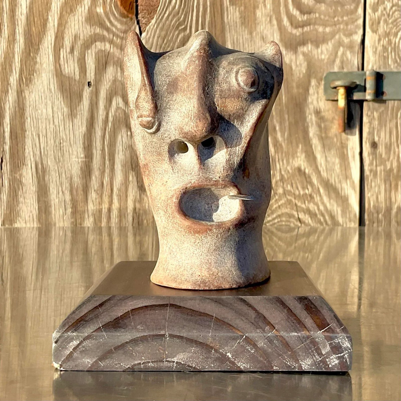 Vintage Boho Abstract Carved Stone Head Sculpture - Side view