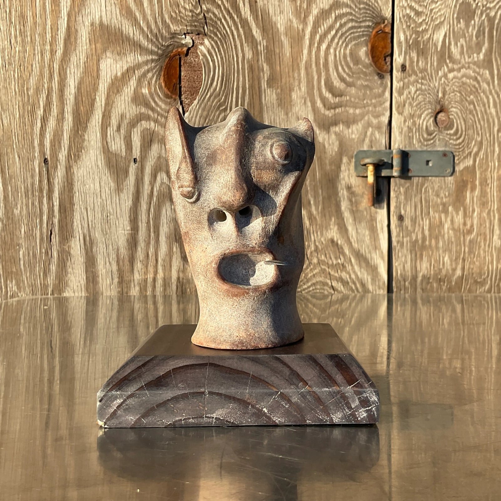 Vintage Boho Abstract Carved Stone Head Sculpture - Top view