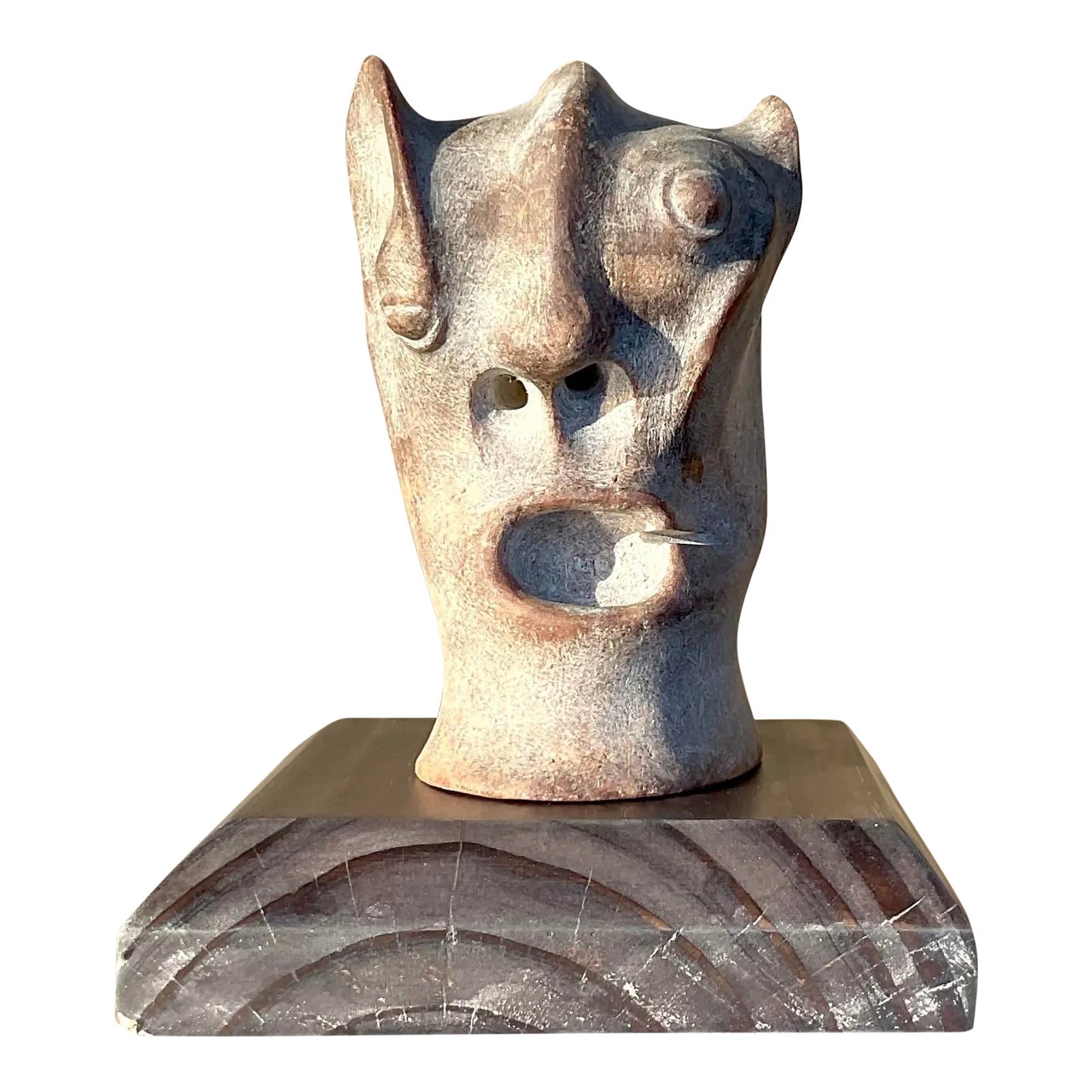 Vintage Boho Abstract Carved Stone Head Sculpture